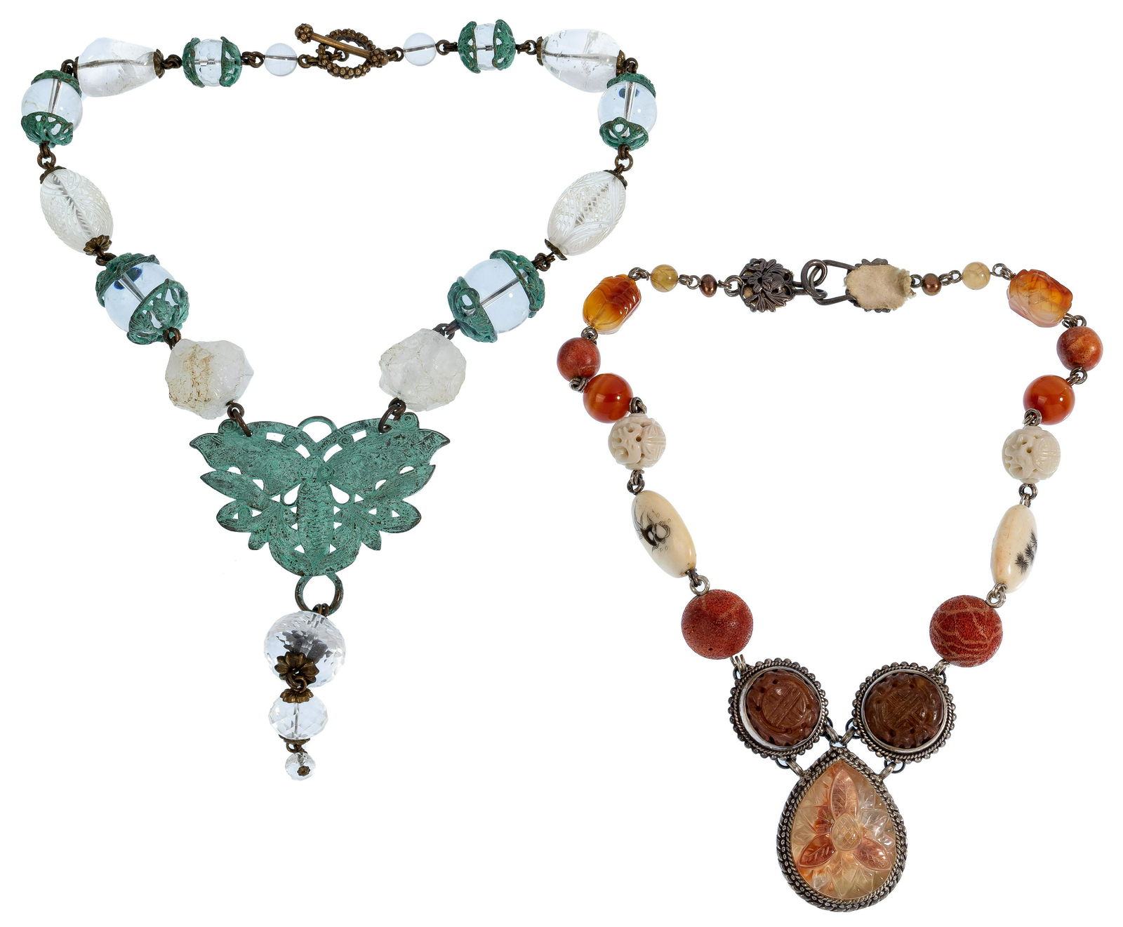 Stephen Dweck Necklaces: Stephen Dweck Necklaces (2) necklaces including marked 'sterling' with quartz, coral, bone and agate; and a 1990 distressed brass butterfly with crystals; both signed 'Stephen Dweck' Property from: a