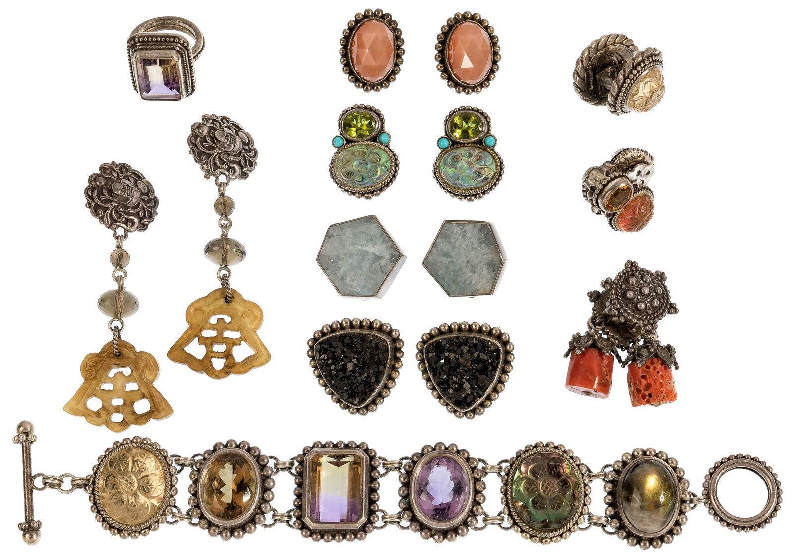 Stephen Dweck Sterling Silver Jewelry Assortment: Stephen Dweck Sterling Silver Jewelry Assortment (10) items including (8) pairs of clip earrings, a ring and a bracelet; all marked 'sterling' and 'Stephen Dweck' Property from: a Madison, Wisconsin e