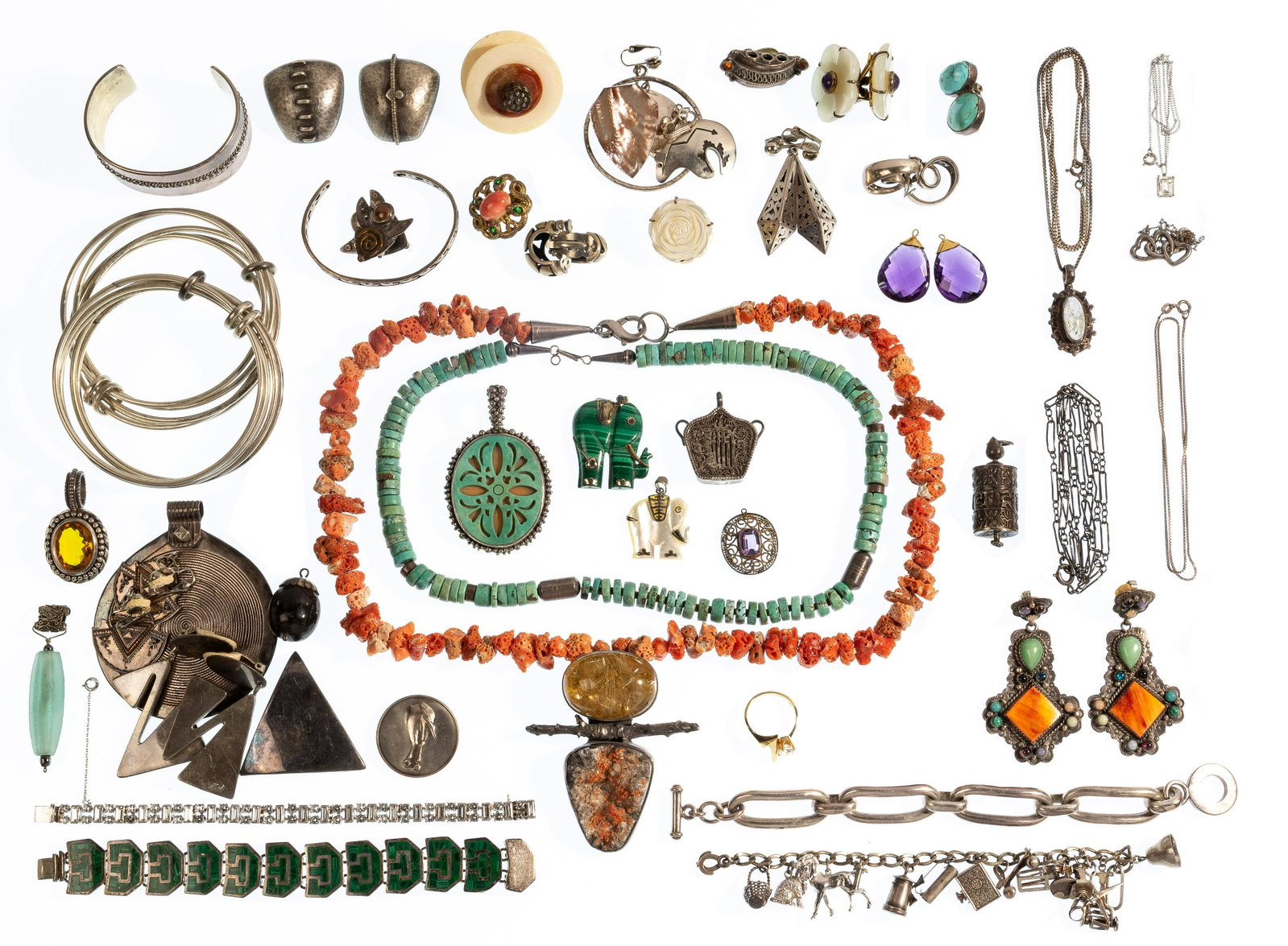 Sterling Silver Jewelry Assortment: Sterling Silver Jewelry Assortment Including rings, pendants, earrings, bracelets and necklaces with a 'Three Hearts' pendant necklace by Tiffany & Co., most marked '925' / 'sterling', some having des