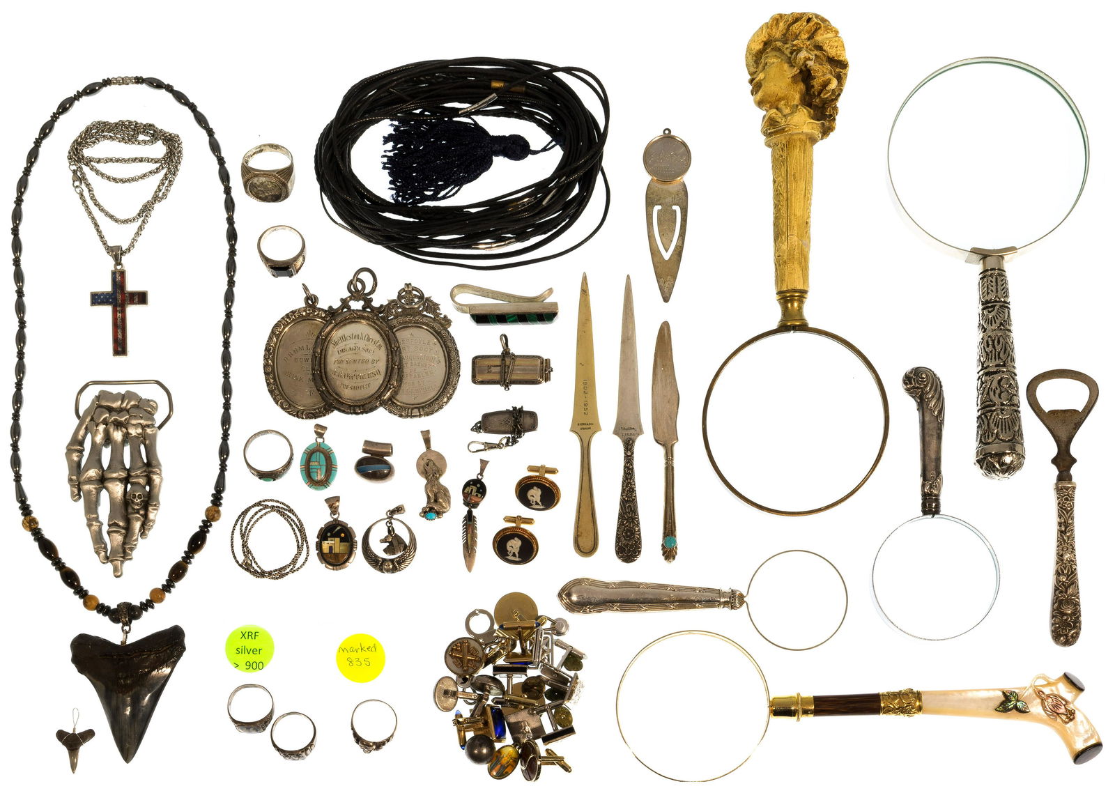 Sterling Silver Jewelry and Desk Accessory Assortment: Sterling Silver Jewelry and Desk Accessory Assortment Including book marks, money holders, pendants, letter openers, medallions, rings, magnifying glasses, most marked '925' / 'sterling' or lion passa