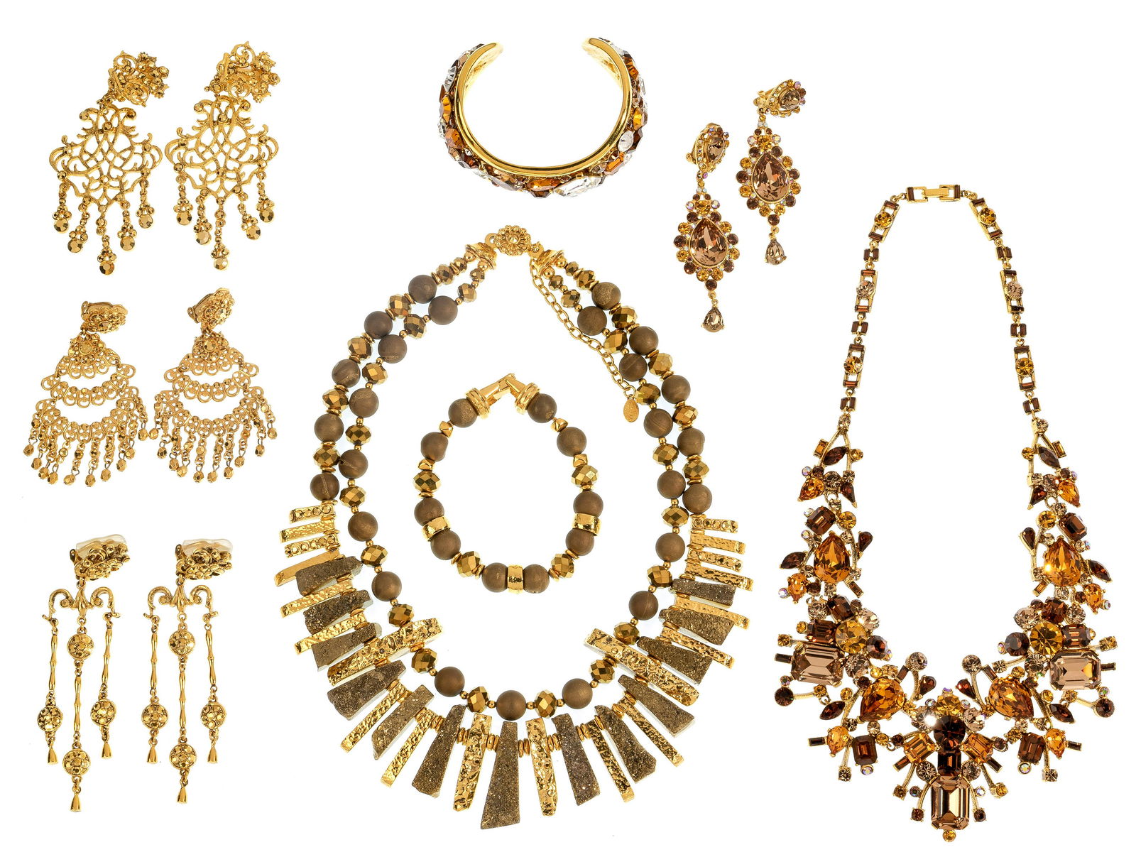 Jose and Maria Barrera Jewelry Assortment: Jose and Maria Barrera Jewelry Assortment (8) items including (4) pairs of clip earrings, (2) bracelets and (2) necklaces, all marked 'Barrera', some having rhinestones / gemstones Property from: a Ma