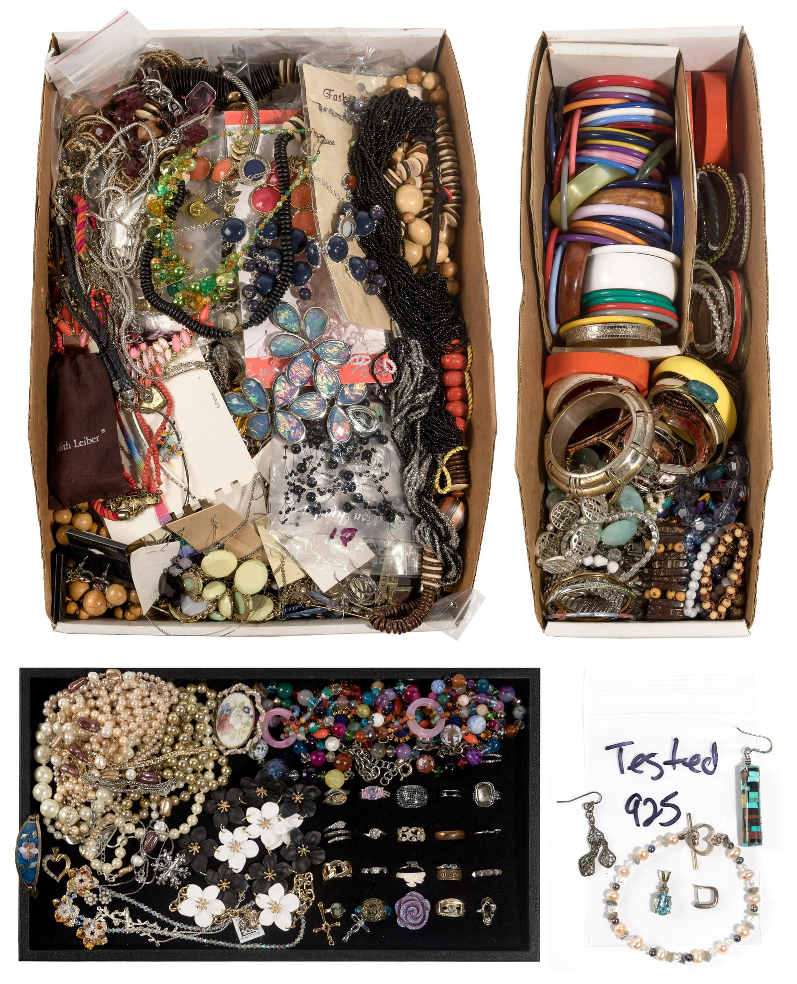 Sterling Silver and Costume Jewelry Assortment: Sterling Silver and Costume Jewelry Assortment Sterling including a beaded bracelet having heart-shaped clasp, a pendant and (2) single earrings; (2) Judith Leiber trinket boxes; approximately (25) po