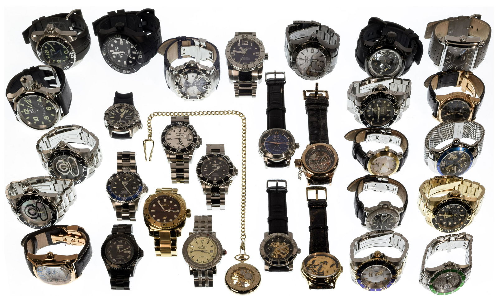 Automatic Wristwatch Assortment: Automatic Wristwatch Assortment Approximately (30) watches, mostly Invicta, some from makers such as Croton, Seiko, Swiss Legend and Stohrling, including Invicta Russian Diver Skeleton Watch, gold ton