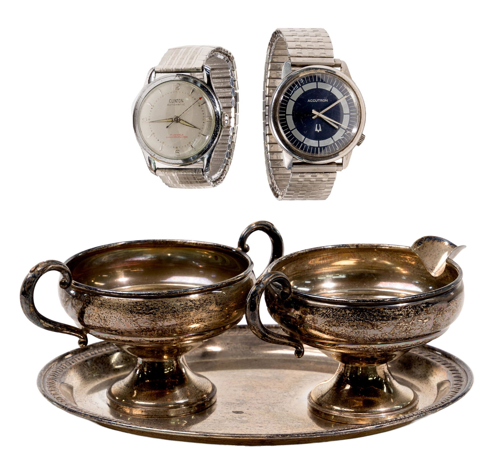 Bulova N1 Accutron Wristwatch: Bulova N1 Accutron Wristwatch Serial #186461 having marked stainless steel case, white on metallic blue dial marked 'Accutron' including bi-tone radiating linear motif incorporating baton hour marks;