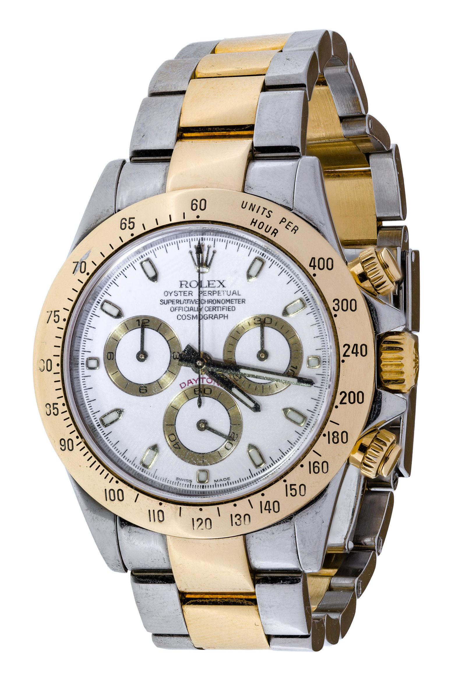 Rolex "Daytona" Stainless Steel Cosmograph Wristwatch: Rolex 'Daytona' Stainless Steel Cosmograph Wristwatch Serial #D577361, reference #116523, automatic, white dial having luminescent hour markers and hands, calibrated bezel, triplock winding crowns, Oy