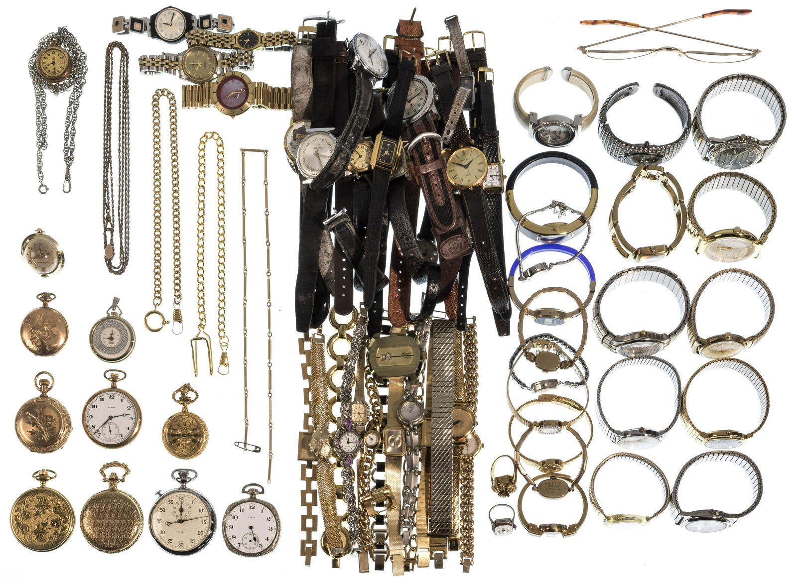 Wristwatch and Pocket Watch Assortment: Wristwatch and Pocket Watch Assortment Approximately (6) pounds of watches including some from makers Jurgeson, Elgin, Armitron, Waltham and Timex Property from: a Park Ridge, Illinois estate Length: