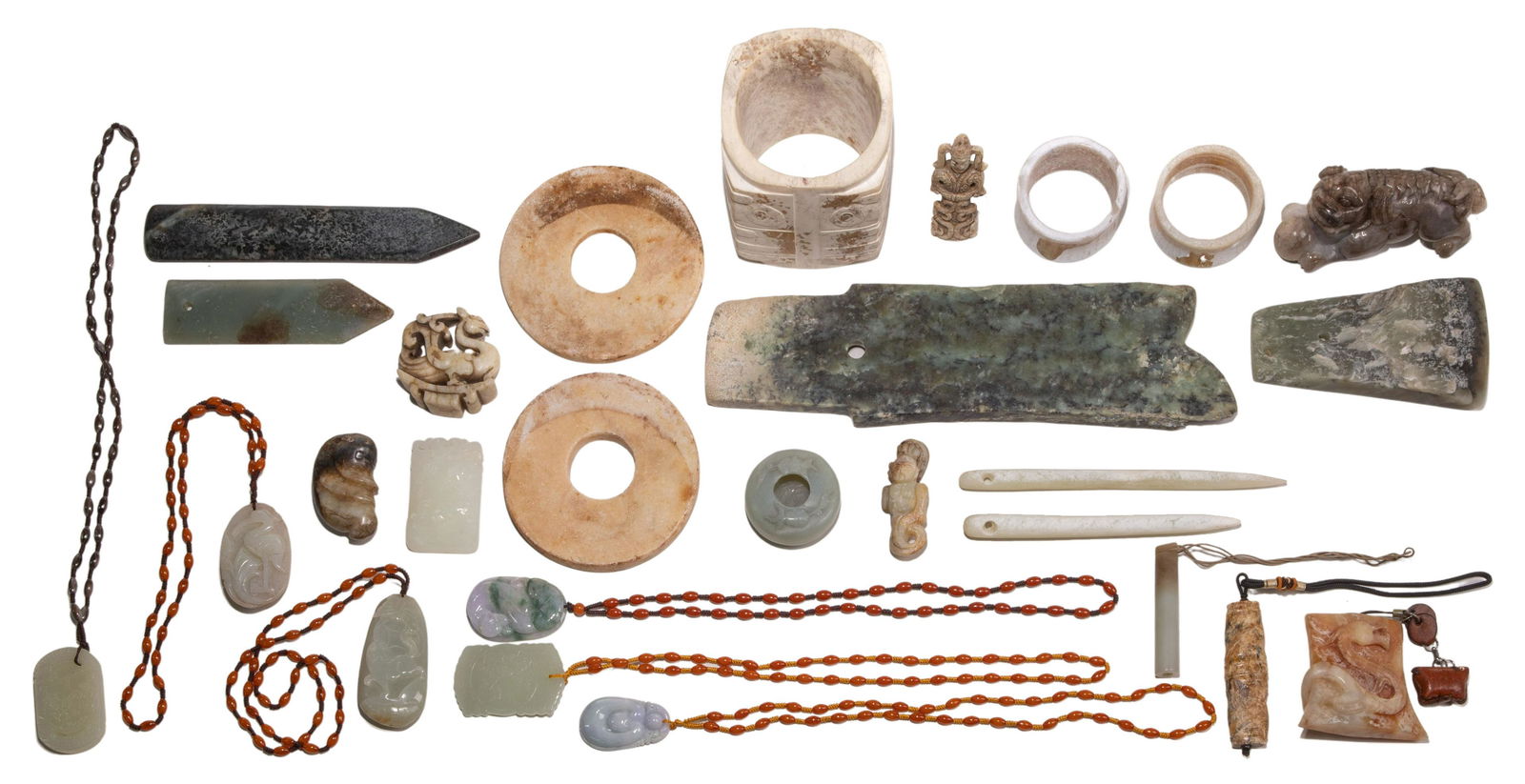 Asian Type A Jadeite, Jadeite Jade and Nephrite Jade Assortment: Asian Type A Jadeite, Jadeite Jade and Nephrite Jade Assortment (27) items including (2) contemporary Type A lavender jadeite pedants retaining Chinese lab testing stickers; a bi-color with green thro