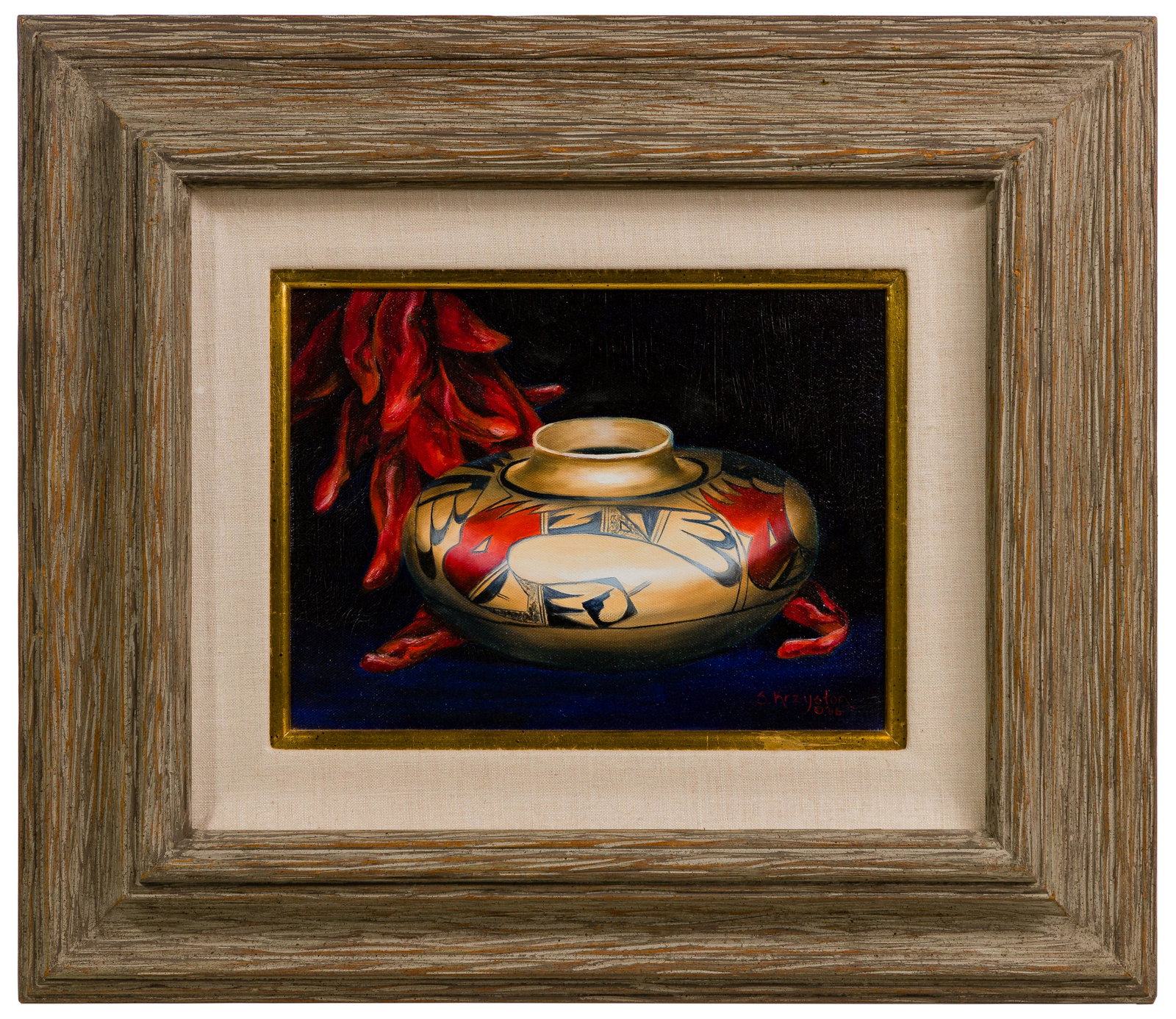 Sue Krzyston (American, b.1948) 'Chili Ristras' Oil on Canvas: Sue Krzyston (American, b.1948) 'Chili Ristras' Oil on Canvas 1986, signed and dated lower right and again including title on stretcher, Native American Indian pottery motif still life having a linen 