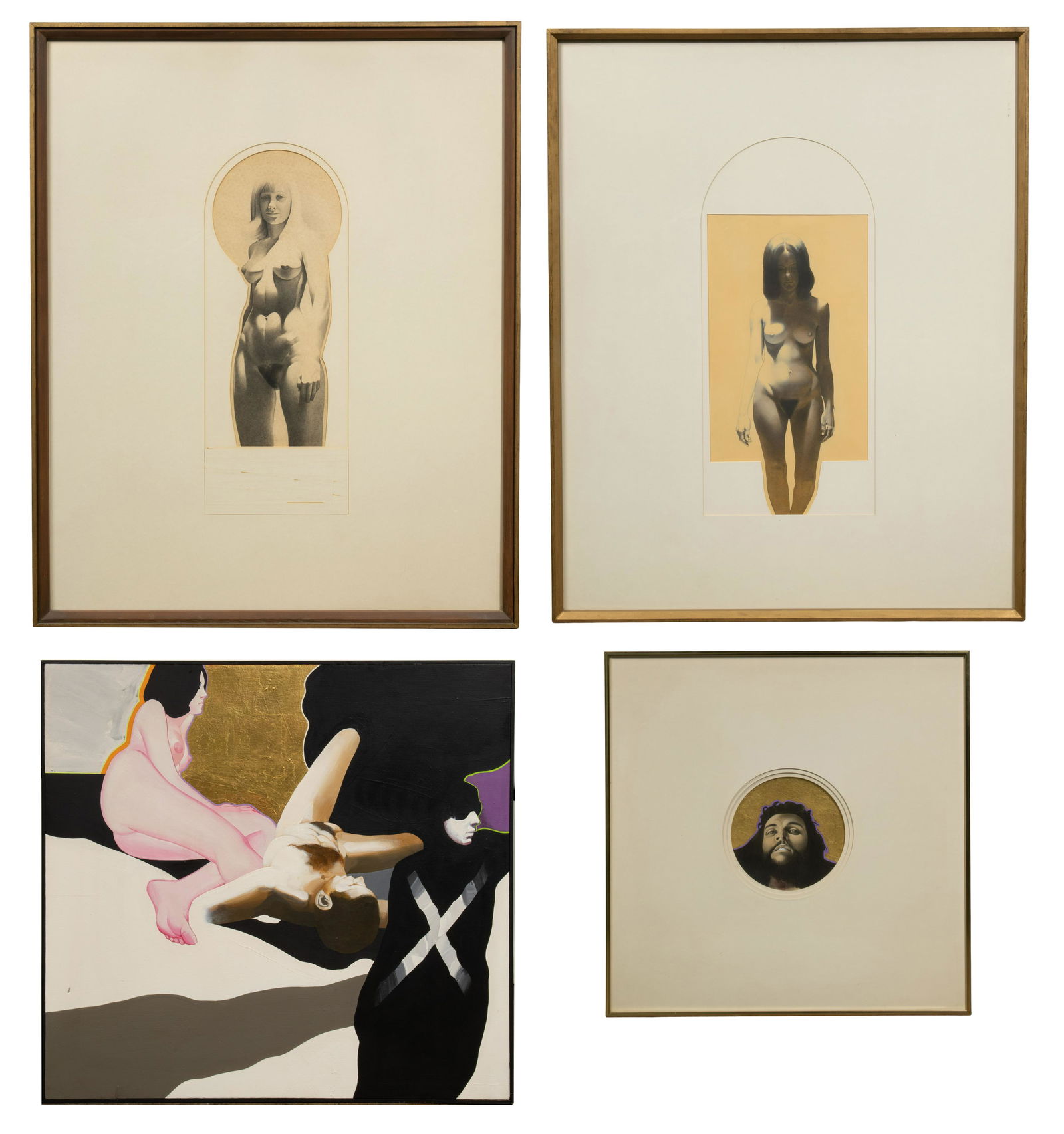 Richard Long (American, 20th Century) Artwork Assortment: Richard Long (American, 20th Century) Artwork Assortment (4) items including 1964 oil on canvas signed and dated to reverse depicting male and female nude figures in a black tone wood frame; and (3) m