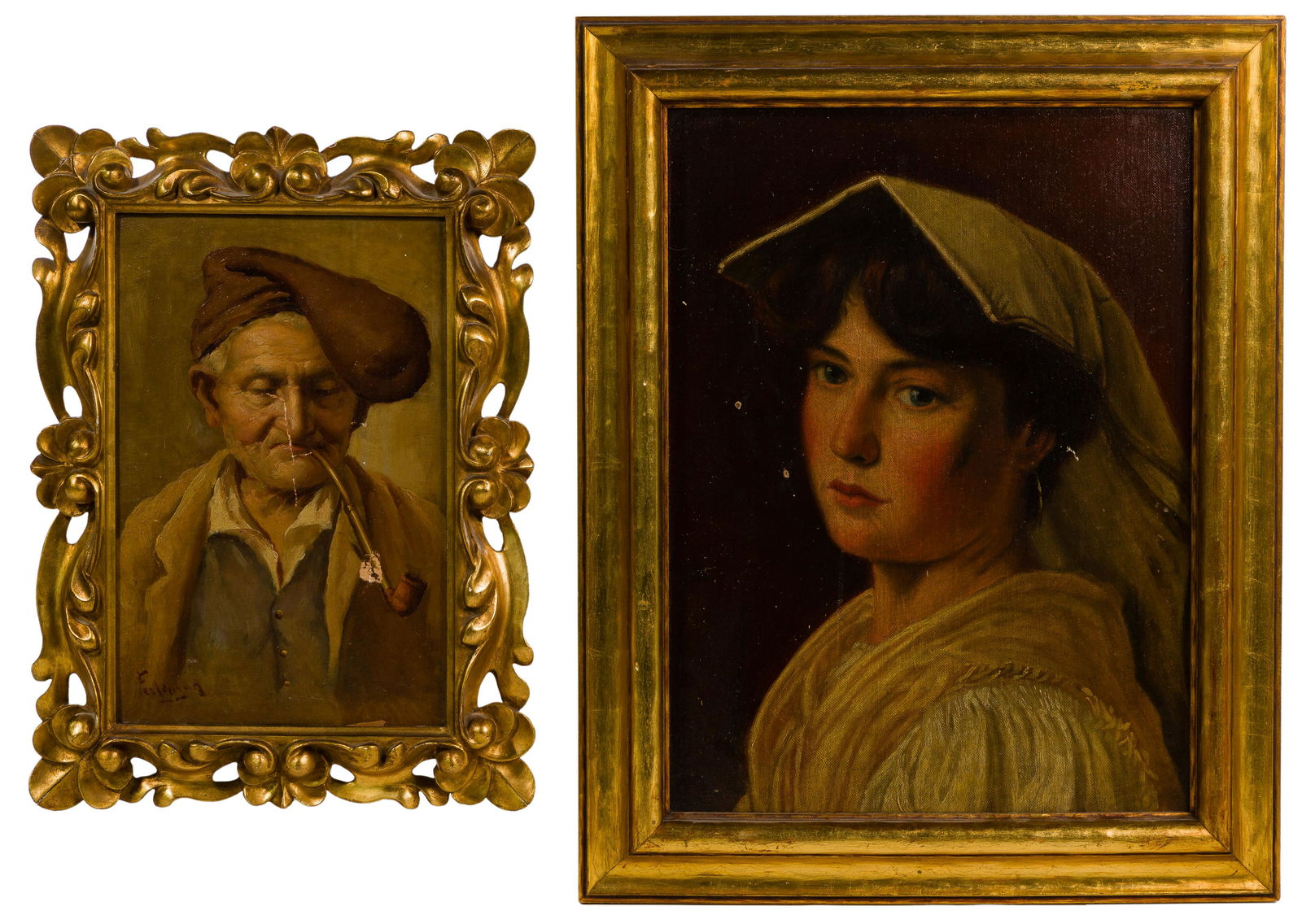 Unknown Artists (Continental School, 20th Century) Oil Paintings: Unknown Artists (Continental School, 20th Century) Oil Paintings (2) items including 1906, ink signed 'A. Imperatore' en verso, pencil signed, oil on canvas board female portrait having a gold tone wo