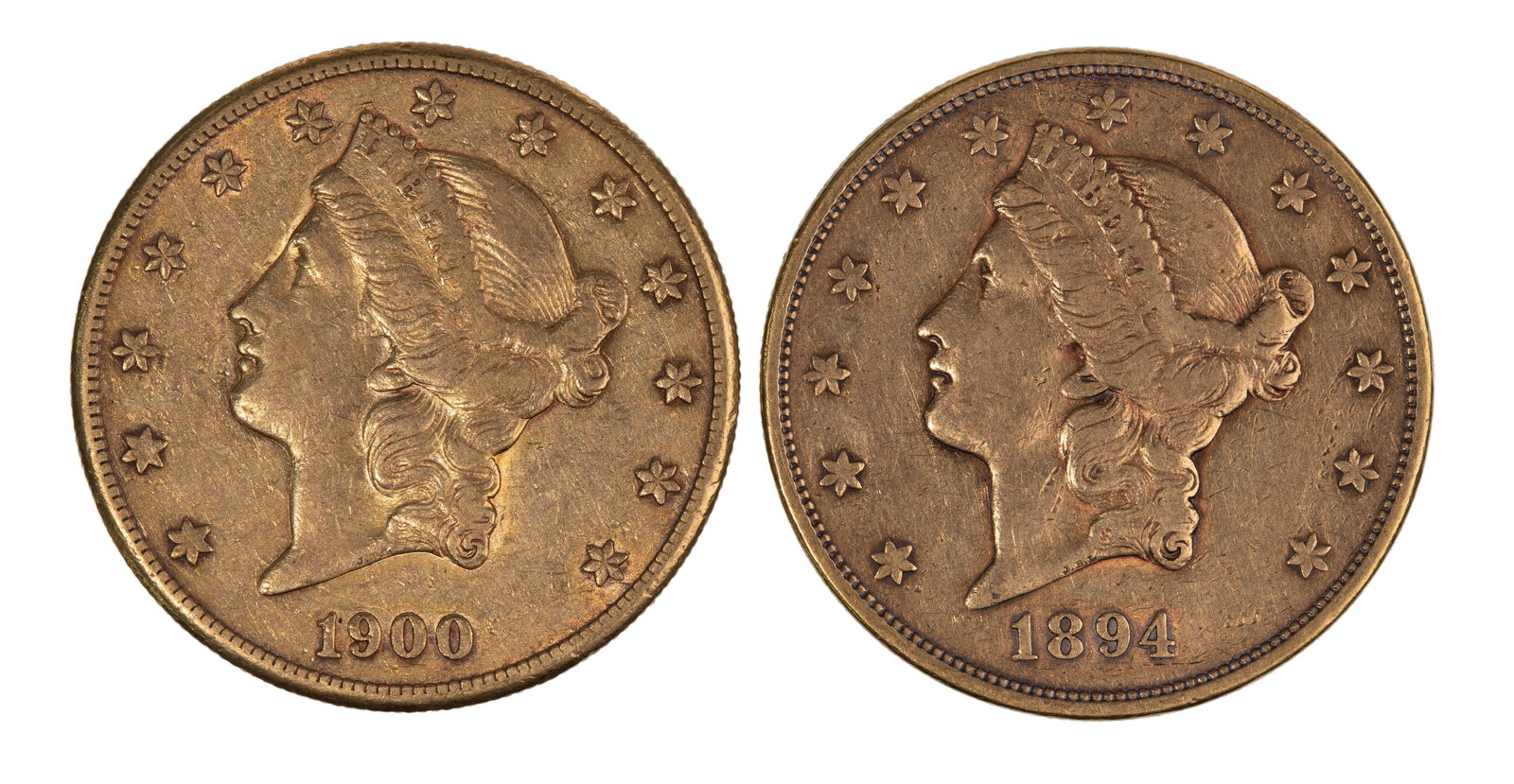 1894-S & 1900-S $20 Gold VF: 1894-S & 1900-S $20 Gold VF (2) coins Property from: a Park Ridge, Illinois estate Category: US Gold > Mixed Lots Shipping Status: