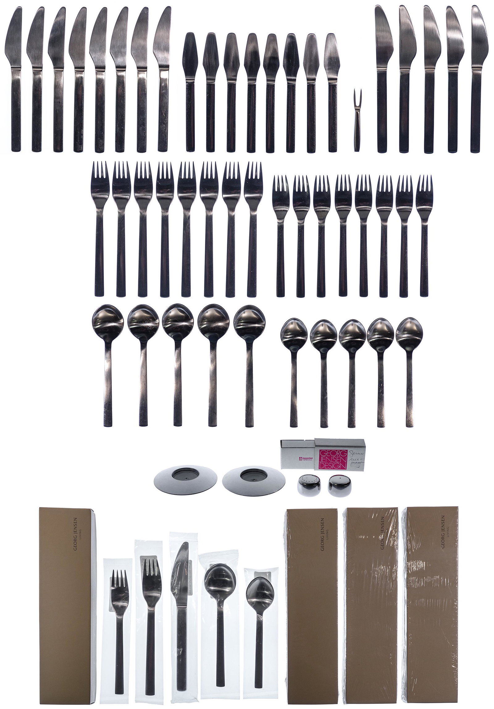 Georg Jensen 'New York' Stainless Steel Flatware Service: Georg Jensen 'New York' Stainless Steel Flatware Service (78) items including (8) knives, (5) steak knives, (8) individual spreaders, (8) dinner forks, (8) salad forks, (5) spoons, (5) desert / soup s