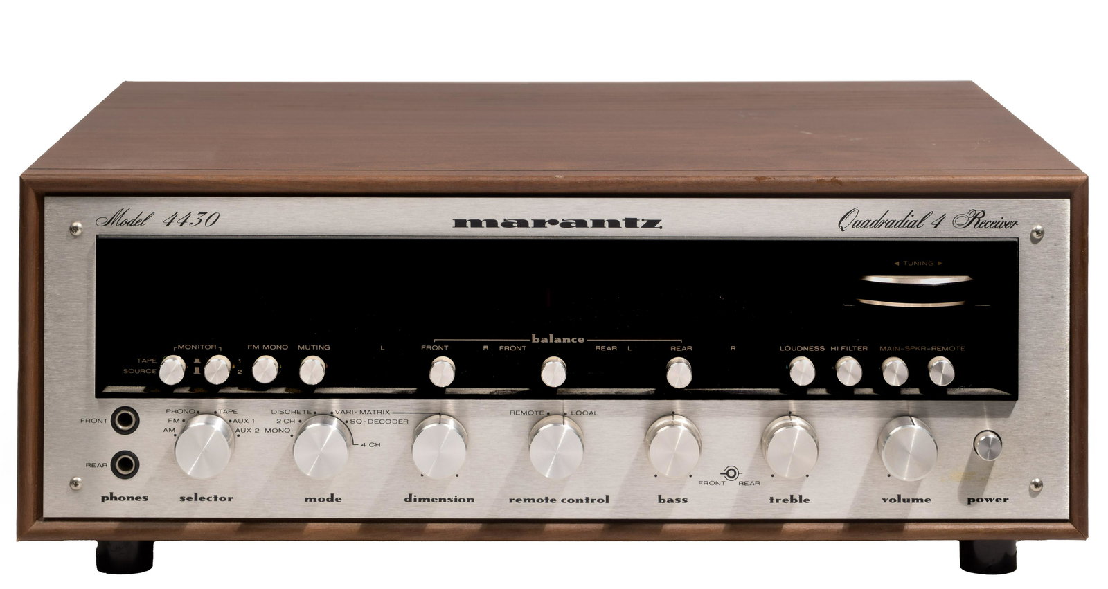 Marantz Model 4430 Quadradial 4 Receiver: Marantz Model 4430 Quadradial 4 Receiver 4-channel amplifier and AM / FM receiver, serial #3983, having walnut case Property from: Estate of a Private Collector; Oakbrook, IL Height: 7 inches, Width: 