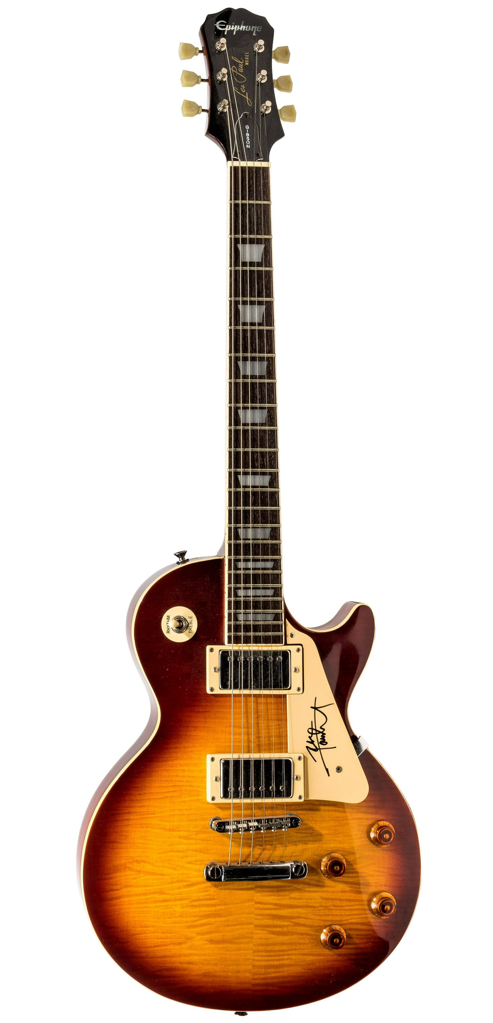 Pete Townshend Signed Epiphone Les Paul by Gibson Guitar: Pete Townshend Signed Epiphone Les Paul by Gibson Guitar 1992 cherry sunburst flame maple top, serial #S9200969, black marker signed on pickguard, accompanied by a printout from the June 18, 2017 sale