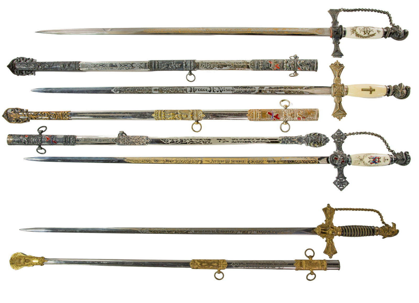 Masonic Knights Templar and Select Knight A.O.U.W. Fraternal Lodge Sword Assortment: Masonic Knights Templar and Select Knight A.O.U.W. Fraternal Lodge Sword Assortment (4) 'named' lodge swords each having original owner name etched to obverse, manufacturers etched to reverse ricassos