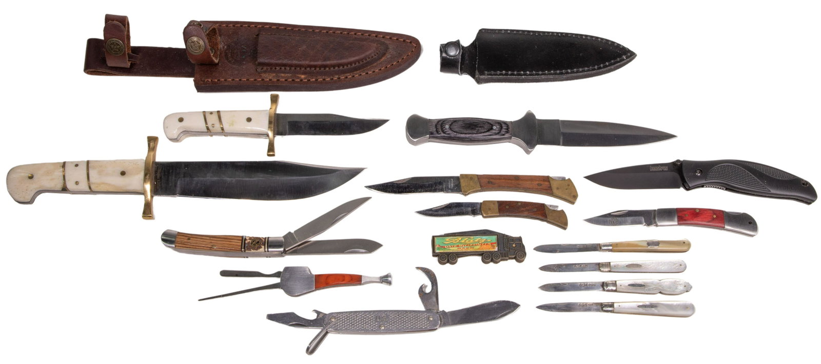 Pocket and Fixed Blade Knife Assortment: Pocket and Fixed Blade Knife Assortment (15) items; (12) folding pocket knives / multi tools including US made, Ken Onion designed 'Blackout 1550' by Kershaw having 3.25-inch Tungsten-DLC-coated Swedi