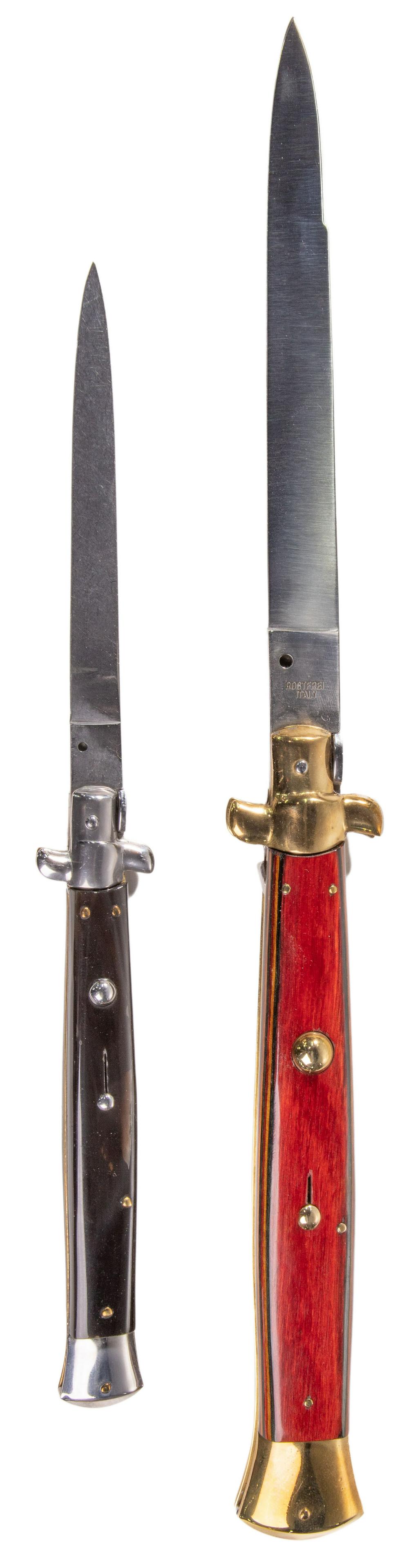 Italian Oversize Stiletto Switchblade Knives: Italian Oversize Stiletto Switchblade Knives (2) items including 'Monster' Italian Classic having 8-inch satin finished modified bayonet blade including 2.5-inches of false edging / swedge on opposite