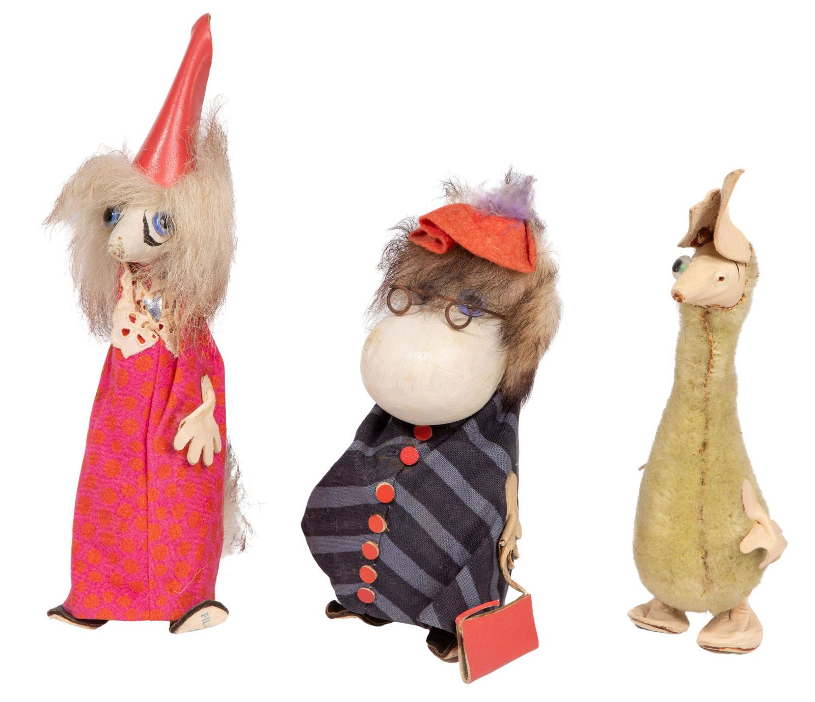 Tove Jansson 'Moomin' Character Troll Doll Collection: Tove Jansson 'Moomin' Character Troll Doll Collection (3) items including 'Hemulen', 'Mrs. Filijonk' and 'Sniff' having hand painted leather faces, fur hair, leather hands and feet, textile clothing,