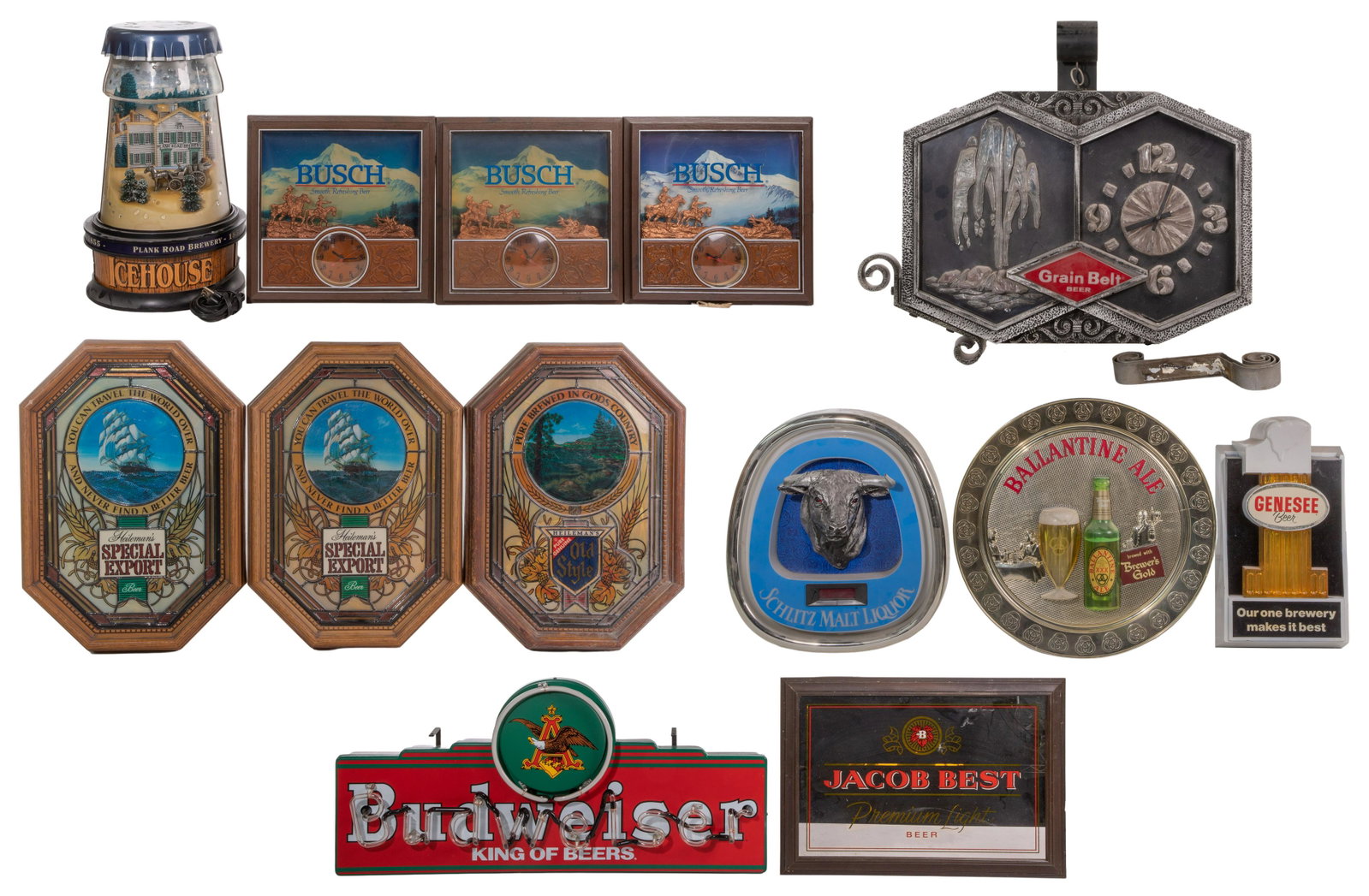 Beer Advertising Sign Assortment: Beer Advertising Sign Assortment (13) signs including (3) Busch, 'Smooth Refreshing Beer' having pair of riders illuminated by a backlit glacier atop a seemingly wood panel having a central amber-lit 