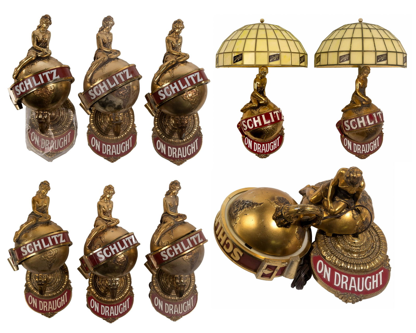 Schlitz Beer Back Bar Light Sconce Assortment: Schlitz Beer Back Bar Light Sconce Assortment (9) items including (7) gold-tone female sitting on a globe motif including one disassembled and (2) similar smaller having plastic faux slag glass shades