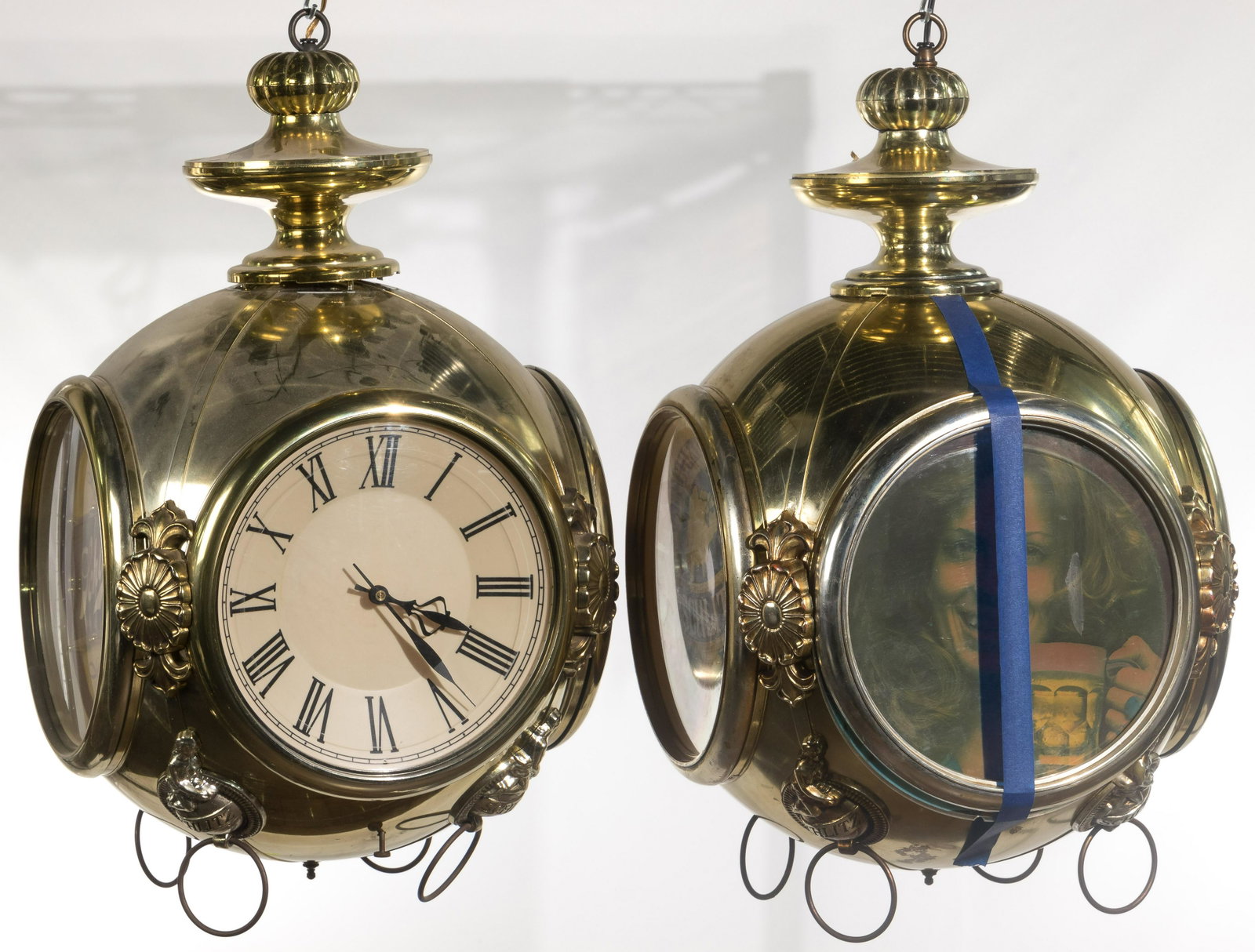 Schlitz Beer Hanging Rotating Globe Clock Sign: Schlitz Beer Hanging Rotating Globe Clock Sign (2) items, both gold-tone plastic globular 4-sided light-ups, including a complete and a partial; together with (3) loose parts including an extra finial