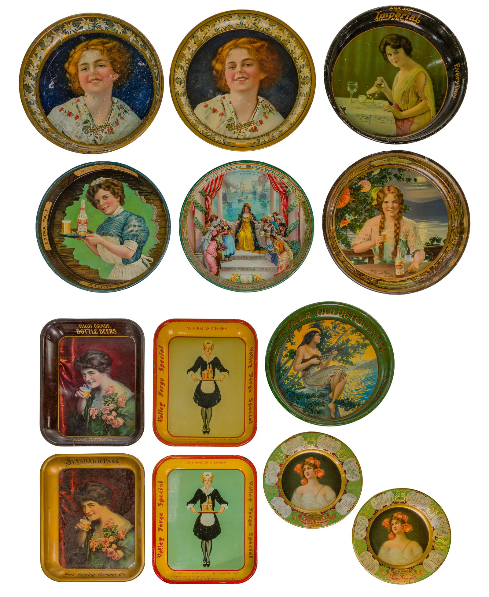 Metal Beer Tray Assortment: Metal Beer Tray Assortment (10) items emblematic of feminine beauty including Buffalo Brewing Co. 1915 San Francisco Exposition souvenir; (2) Peter Schoenhofen; other brewers including Mathie, Falls C