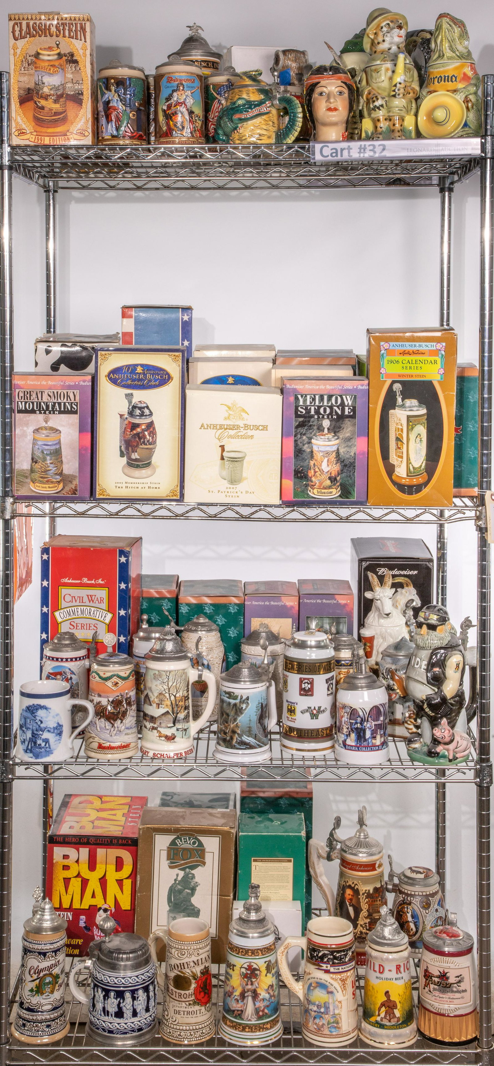 Stein and Mug Assortment: Stein and Mug Assortment Approximately (65) items including examples from Anheuser-Busch, Yellowstone and Budweiser; some having original boxes Property from: a Woodstock, Illinois estate Height: 14 i
