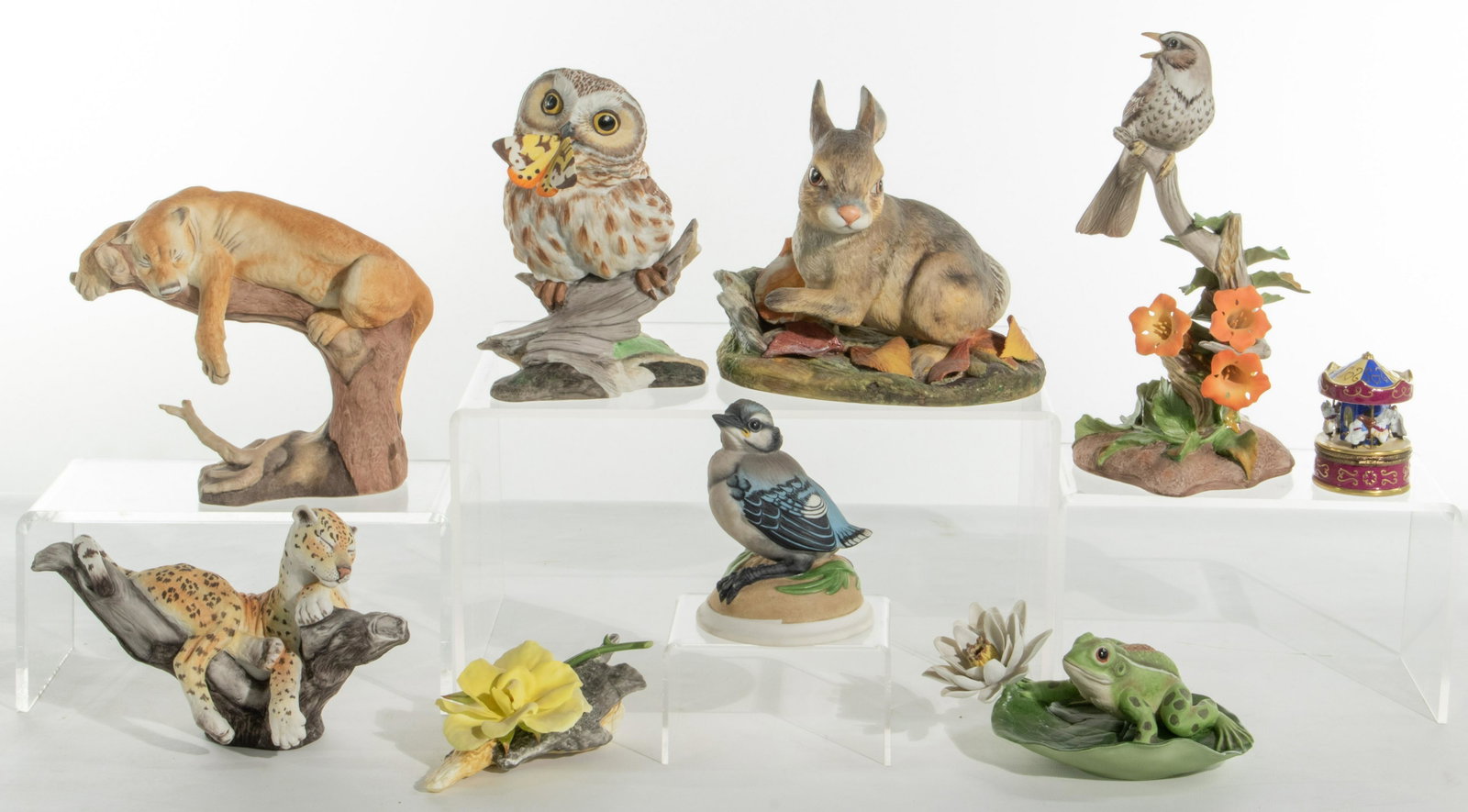 Boehm Porcelain Figurine Assortment: Boehm Porcelain Figurine Assortment (8) items including #20038 'Saw-Whet Owl'; #40059 'Song Sparrow'; #436 'Baby Blue Jay'; #20083 'Jaguar'; #20084 'Lioness'; #20036 'Cottontail Rabbit'; #40099 'Frog 