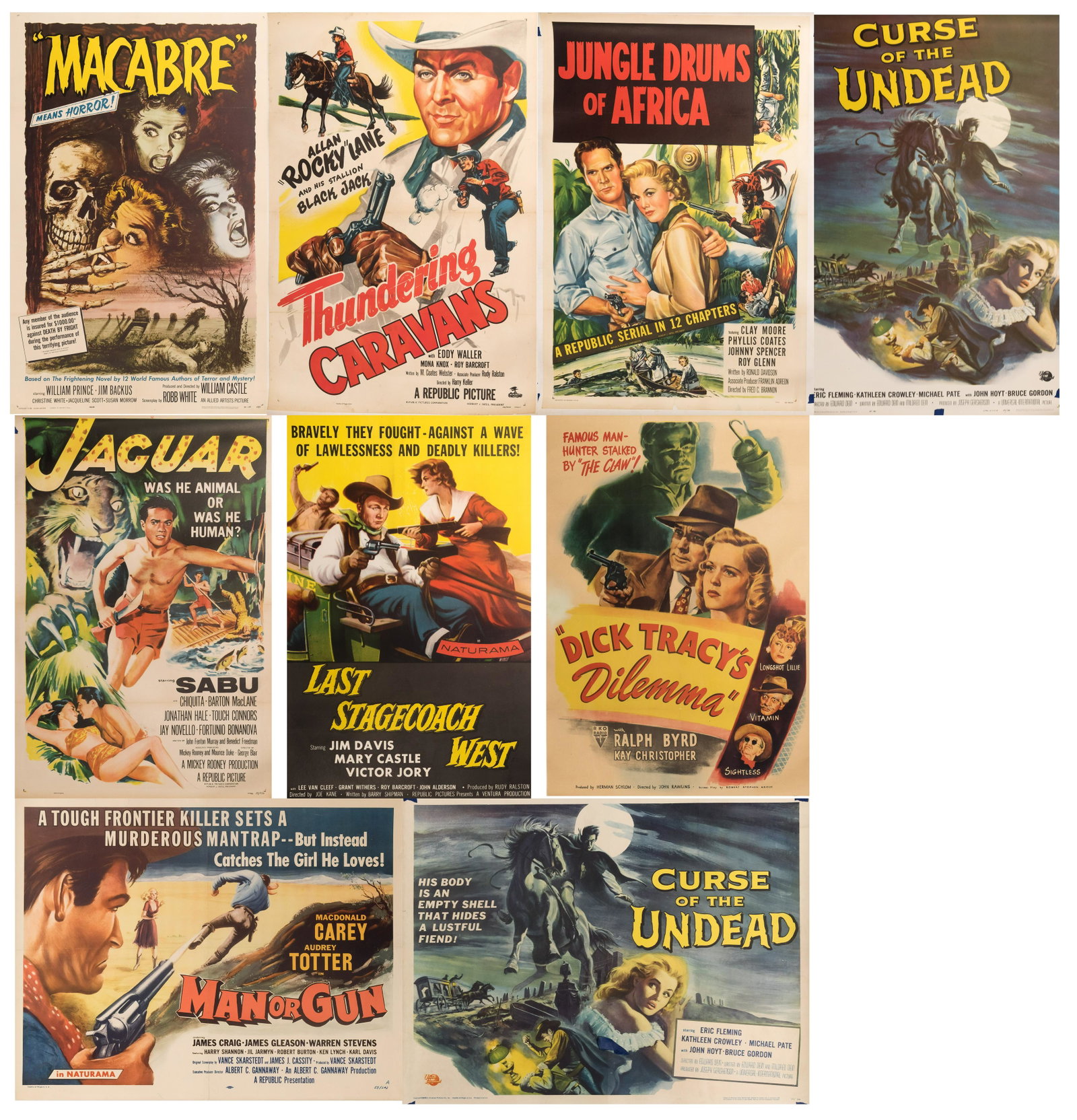 Movie Poster Assortment: Movie Poster Assortment (9) items, all mounted to canvas, including (2) versions of 'Curse of the Undead', 'Jungle Drums of Africa', 'Thundering Caravans', 'Macabre', 'Jaguar', 'Last Stagecoach West',