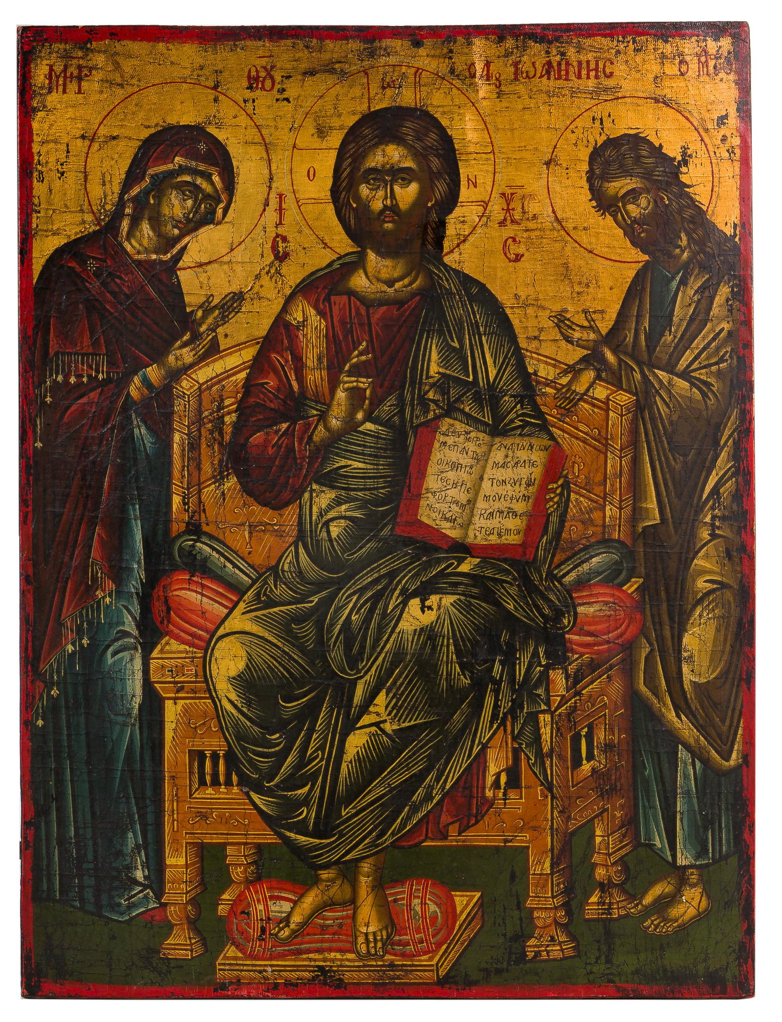 (Style of) Nikolaos Ritzos (Greek, 1440-1507) Eastern Orthodox Icon: (Style of) Nikolaos Ritzos (Greek, 1440-1507) Eastern Orthodox Icon Depicting an enthroned Jesus, Mary and John the Baptist, on wood panel Property from: an Addison, IL collector Height: 23 1/2 inches