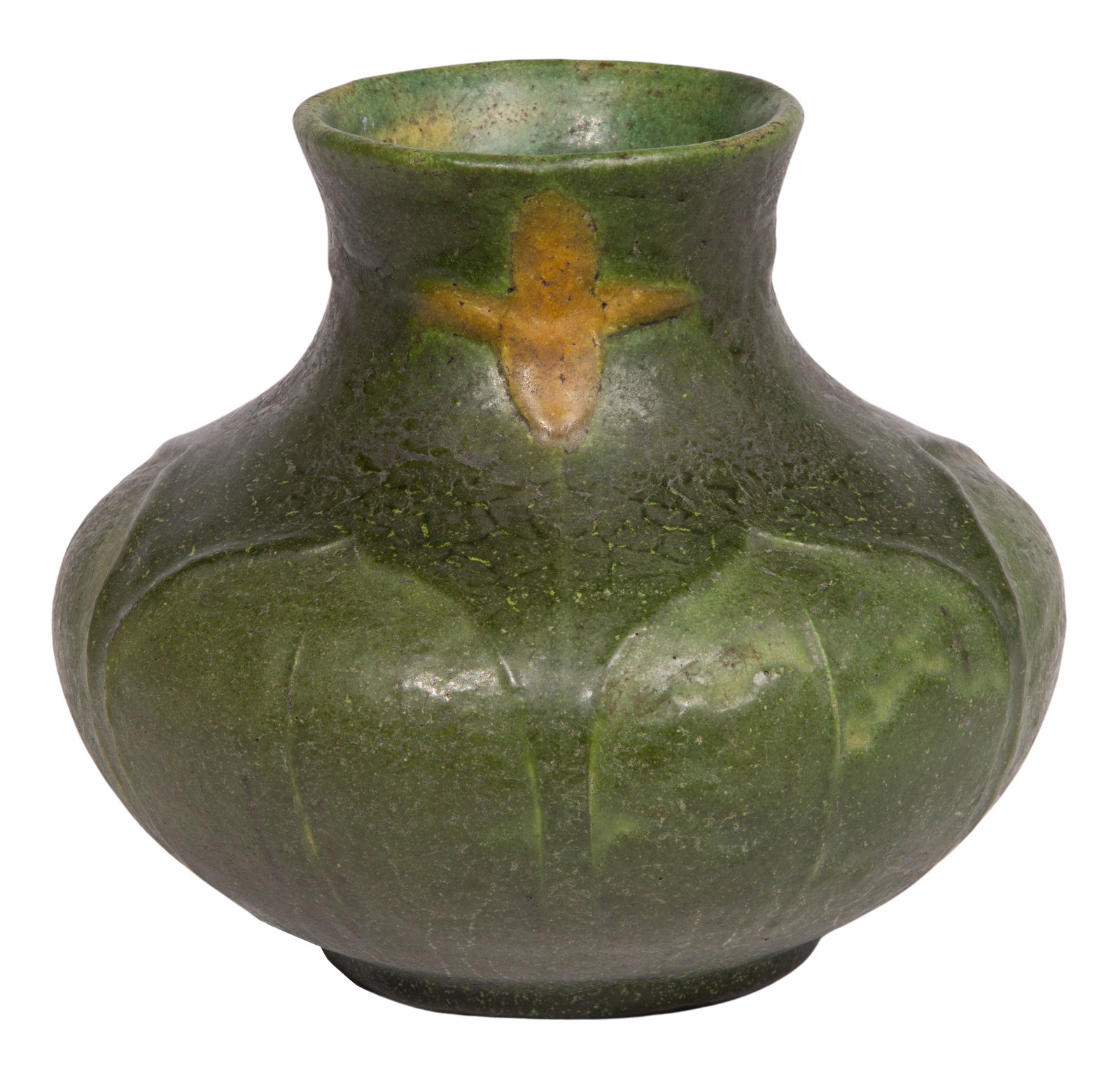 William Grueby Matte Green Vase: William Grueby Matte Green Vase c.1900 squat shape, (6) leaves having daffodils, impressed maker mark on underside Property from: a Chicago, Illinois collector Height: 4 1/2 inches, Diameter: 5 1/2 in