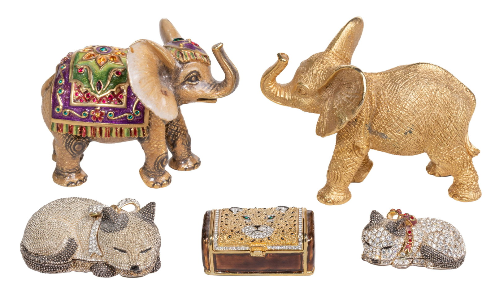 Jay Strongwater Elephant Figurines: Jay Strongwater Elephant Figurines (2) items, both marked; together with (3) rhinestone trinket boxes Property from: a Madison, Wisconsin estate Height: 3 1/4 inches (tallest elephant) Condition: Very