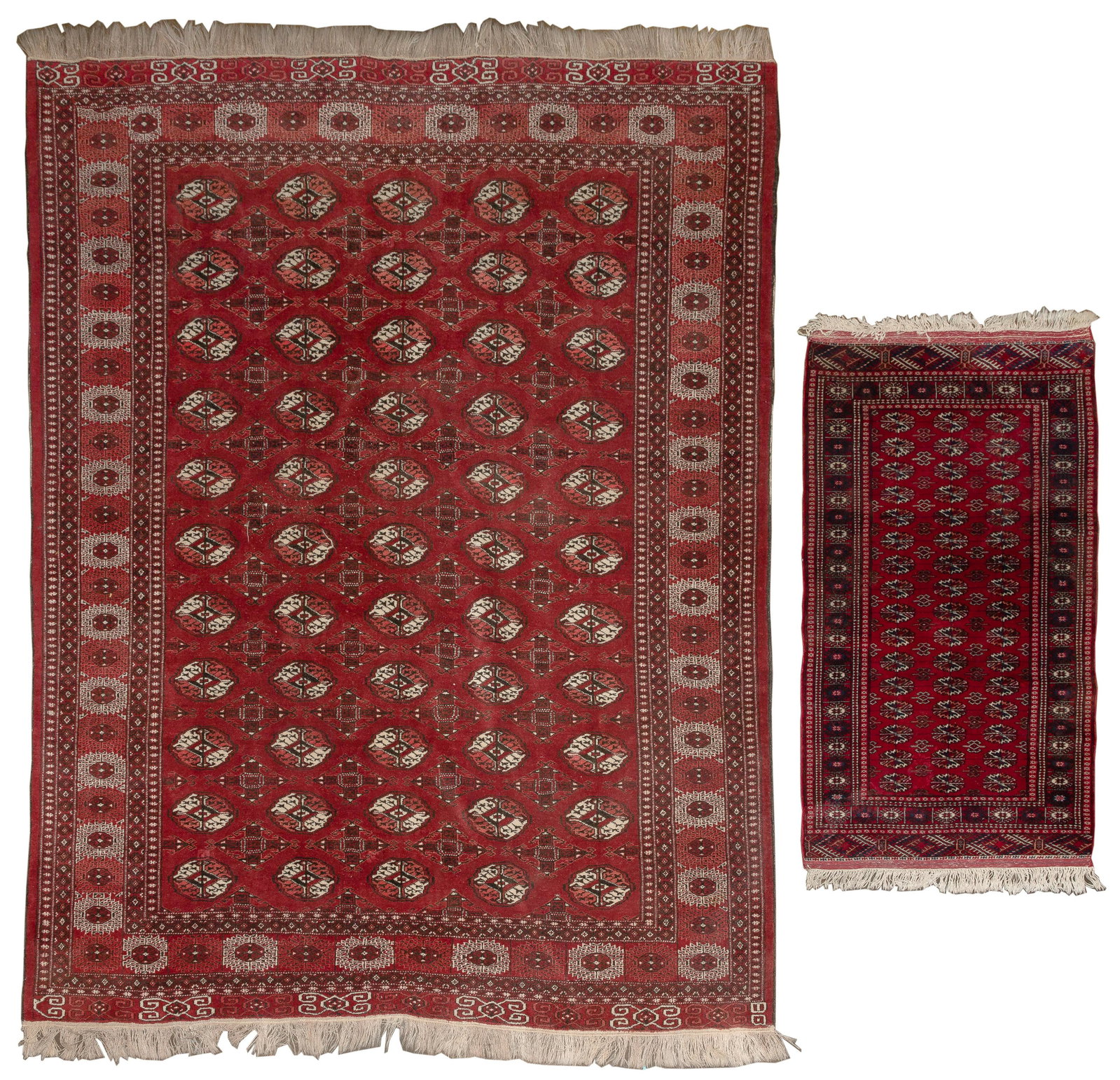 Persian Wool Rugs: Persian Wool Rugs (2) items including an area rug having geometric motif, fringe and attach label from Iran to the reverse; and a throw rug having geometric motif and fringe (54.50-inches by 31-inches