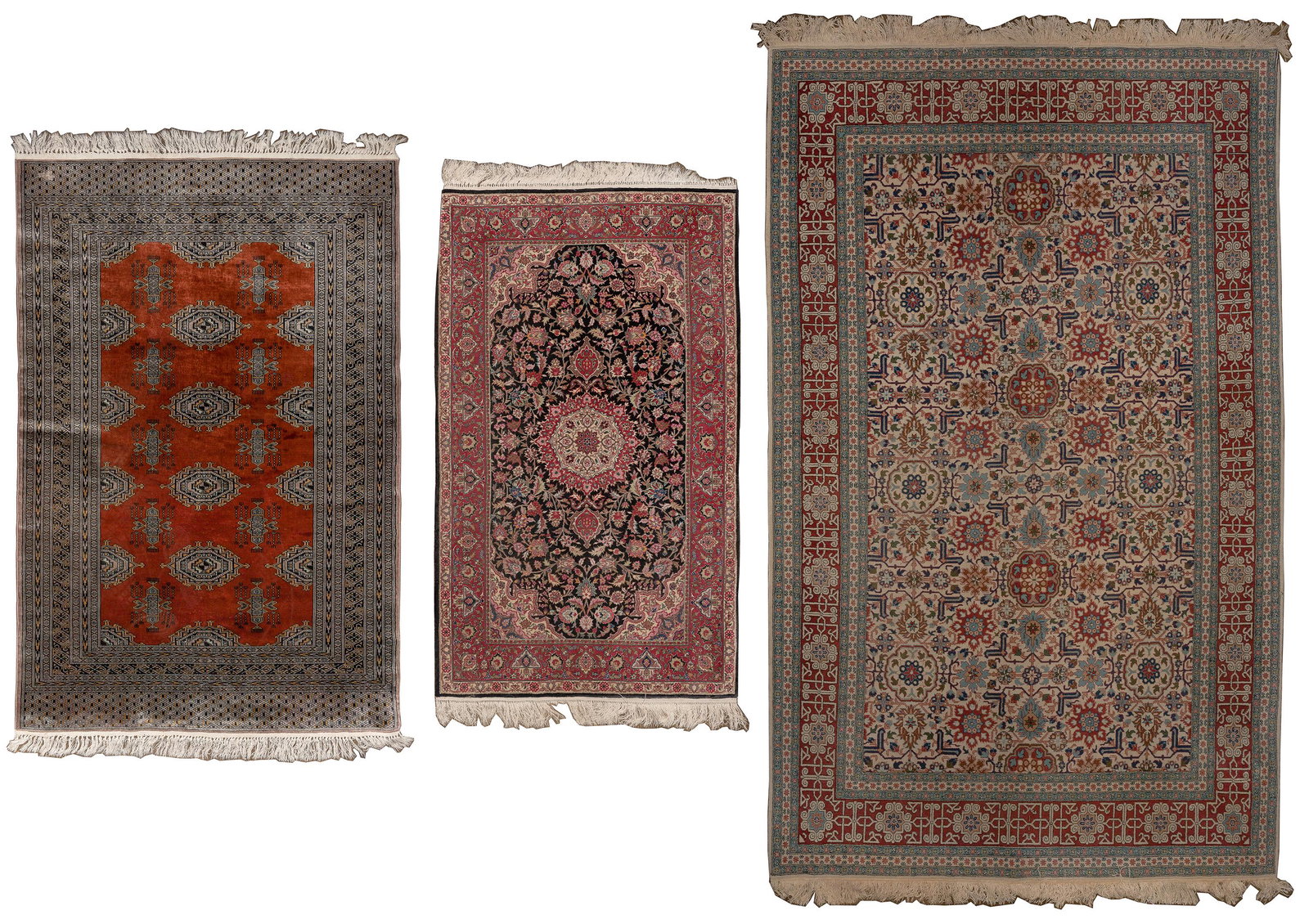 Wool Rug Assortment: Wool Rug Assortment (3) items including a Turkish silk blend having an abstract geometric pattern in hues of blue, red, taupe and black on a cream field, fringe; Pakistani Bokara style having a abstra