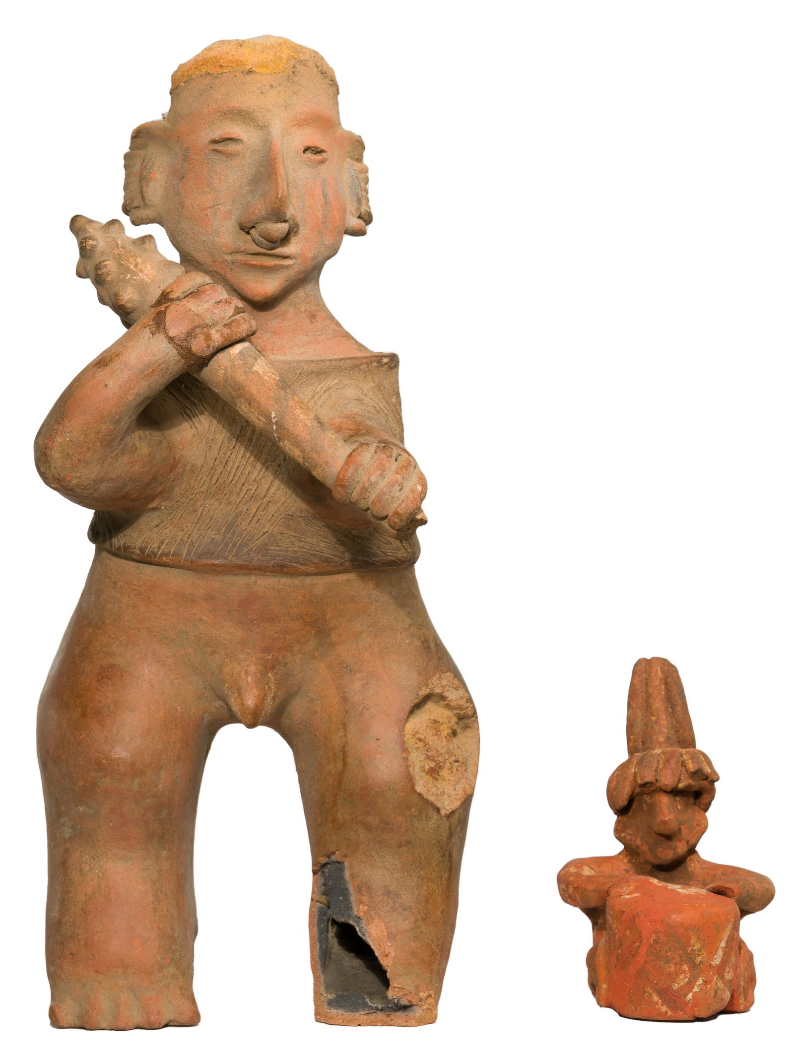 Pre-Columbian West Mexican Ceramic Figurines: Pre-Columbian West Mexican Ceramic Figurines (2) items including Colima warrior figure having spiked club and Jalisco sheep face seated figure having drum Provenance: The Estate of George 'Yorgo' Deme