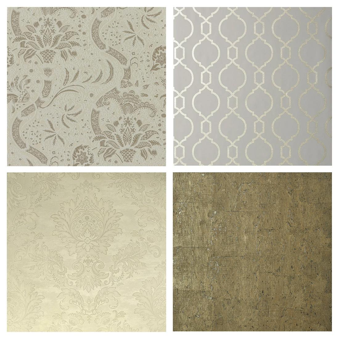 Designer Wallpaper Assortment: Designer Wallpaper Assortment (7) items including 30-yards of Carl Robinson 'Farnham' #60003; approximately 30-yards of Morris and Co. 'Indian' #216443; approximately 10-yards of Thibaut 'Nisido Bead'