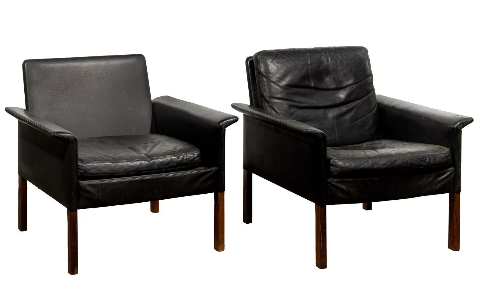 (Attributed to) Hans Olsen Teak and Leather Armchairs: (Attributed to) Hans Olsen Teak and Leather Armchairs (2) chairs having leather upholstery with wing-style arms, wood support straps; marked 'Made in Denmark' Property from: a Chicago, Illinois (Hyde