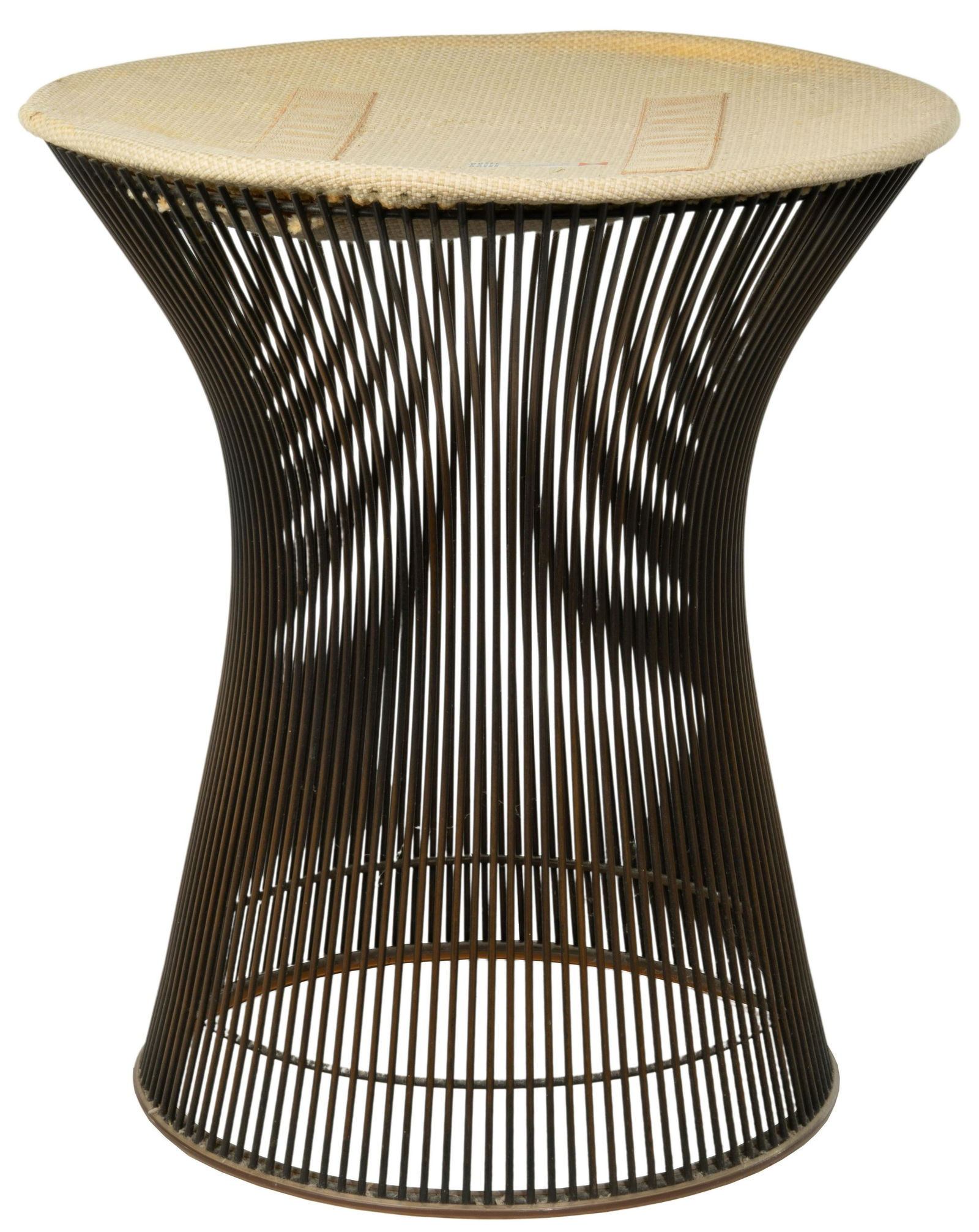 Warren Platner for Knoll Wire Stool: Warren Platner for Knoll Wire Stool Having curved steel rods and circular frames, maintaining original upholstered top and label Property from: a Northfield, Illinois estate Height: 18 1/4 inches, Dia