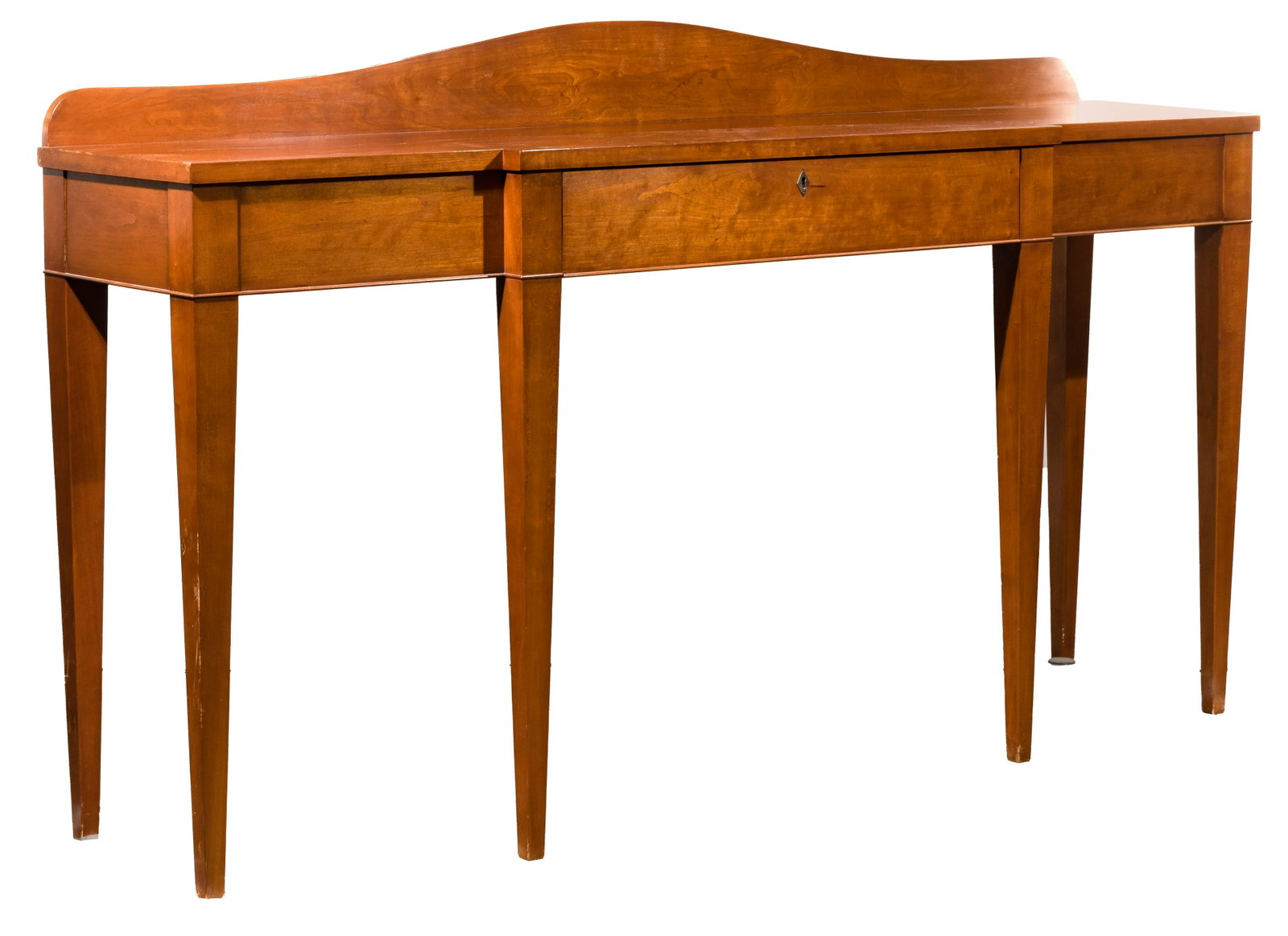 Georgian Style Mahogany Sideboard: Georgian Style Mahogany Sideboard Having an arching back-splash and a single locking dovetailed drawer with key, supported on six tapered square legs Property from: an Addison, IL collector Height: 47