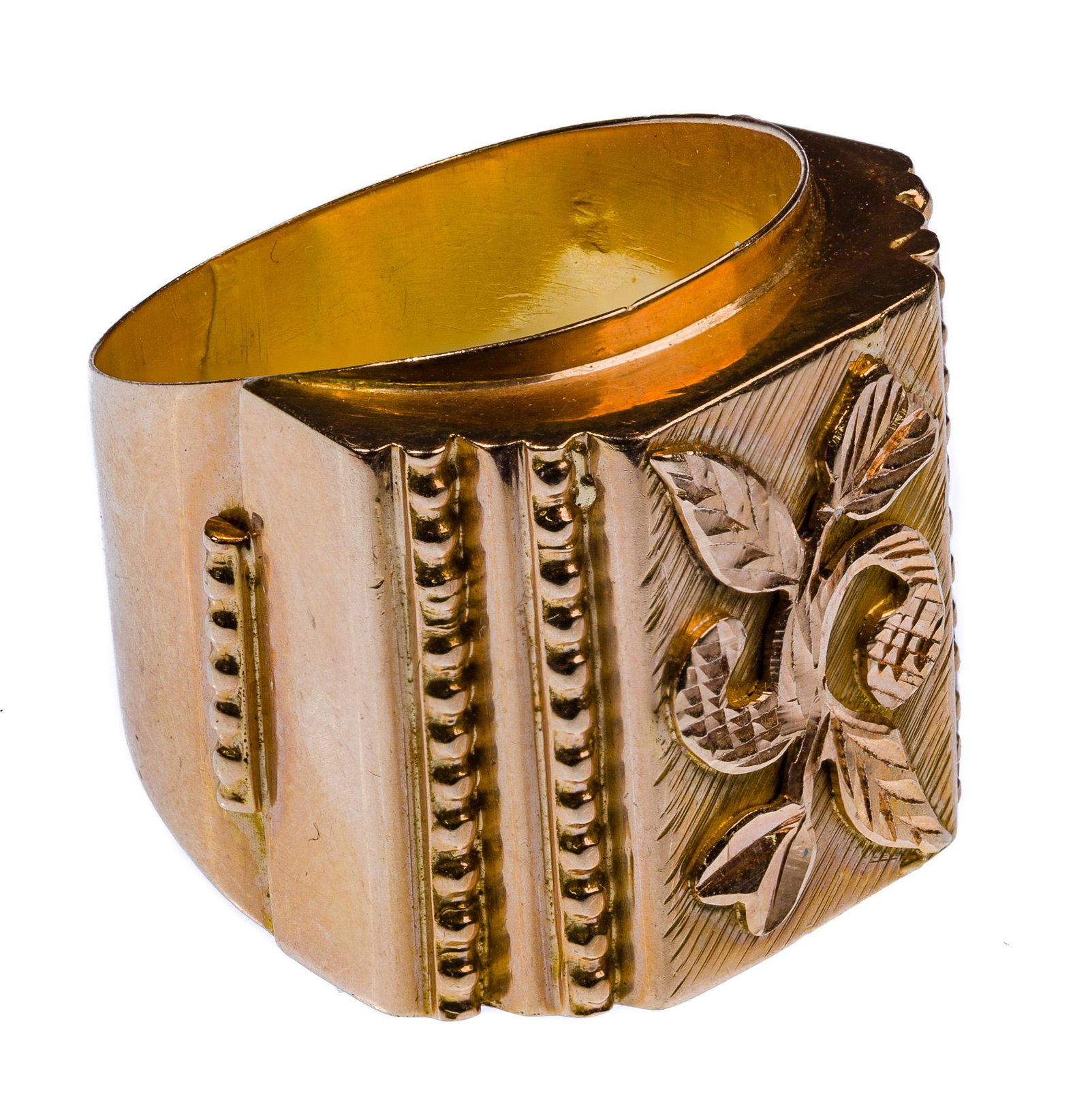 18k Yellow Gold Ring: 18k Yellow Gold Ring Wide band having step sides and a floral motif design in relief, illegible markings Property from: a Chicago, Illinois collector Width: 1 inches Size: 10.5 Weight: 8.00 dwts. (tot