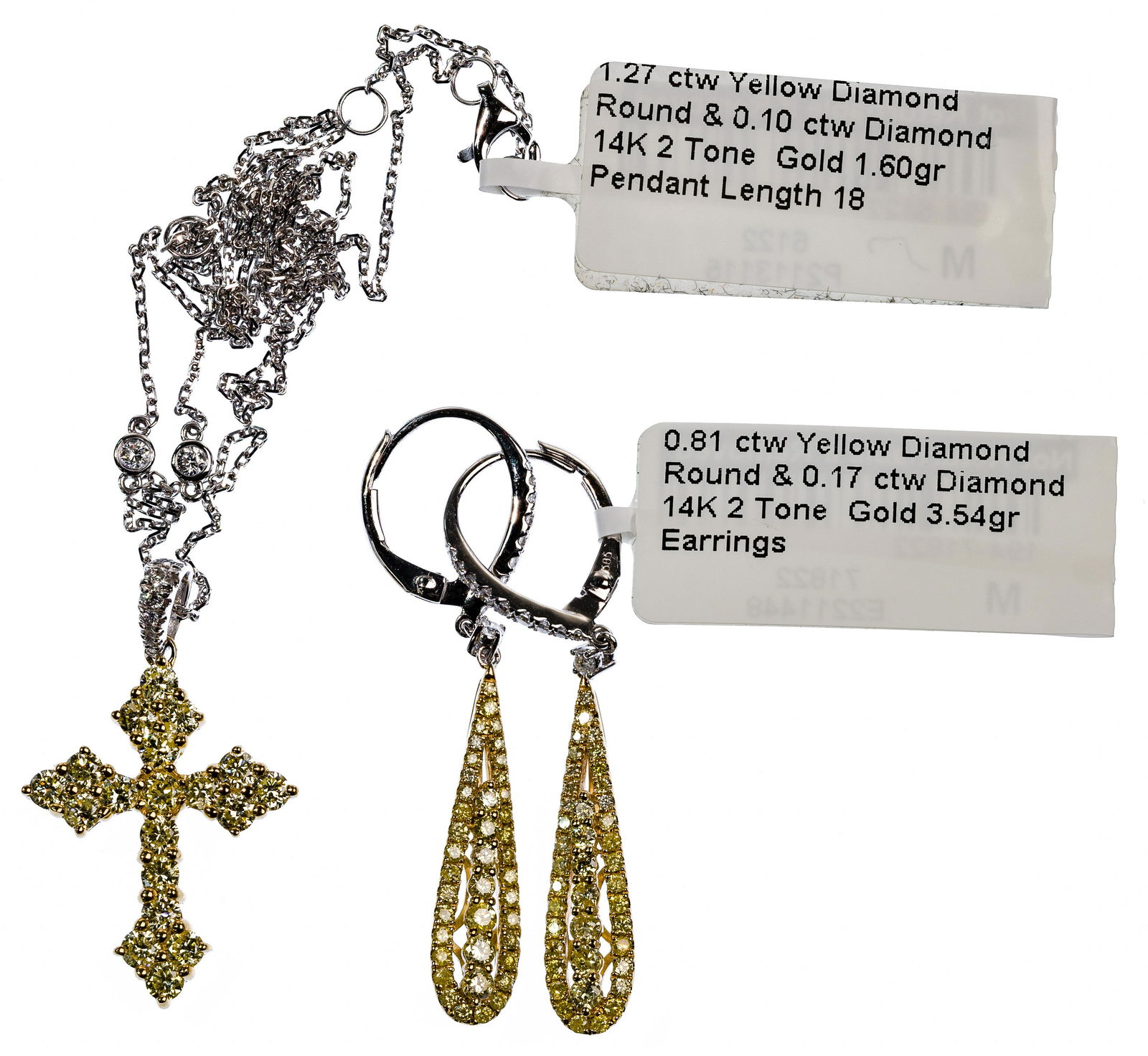 14k Bi-Color Gold and Yellow Diamond Pierced Earrings and Pendant on Necklace (1 of 1)