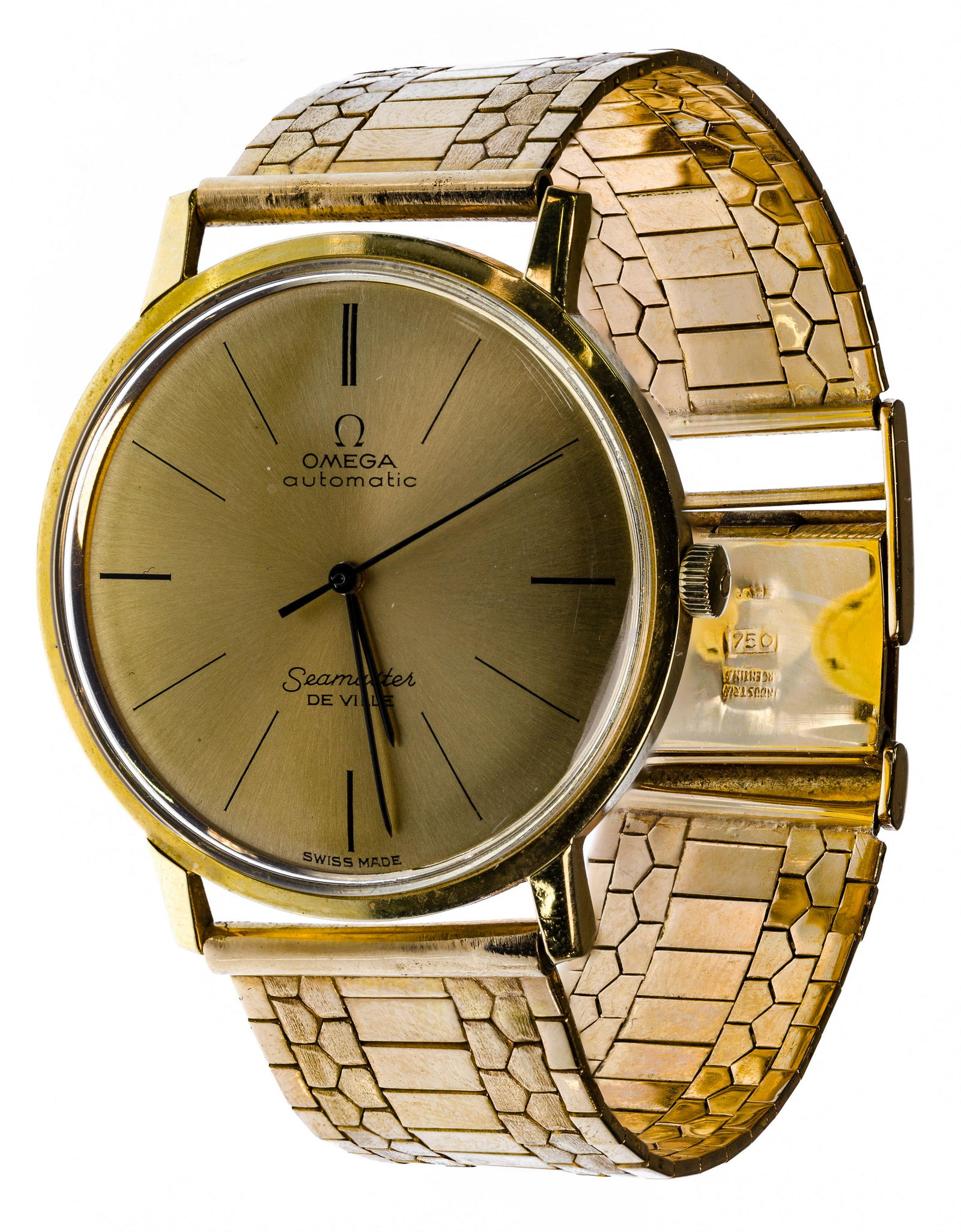 Omega Seamaster 'DeVille' Automatic 18k Gold Case and Band Wristwatch: Omega Seamaster 'DeVille' Automatic 18k Gold Case and Band Wristwatch Having black stick hour markers and hands, gold dial, 24-jewel automatic movement, Omega signed crown and mesh style bracelet, cas