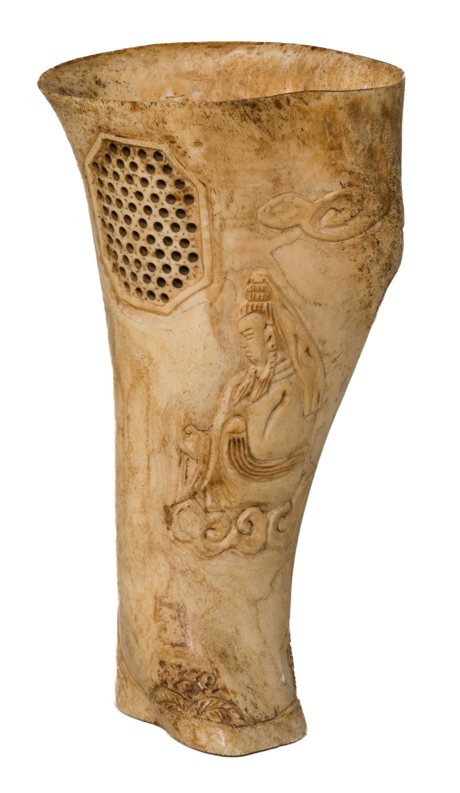 Chinese Carved Cattle Bone Vase: Chinese Carved Cattle Bone Vase Having carved figural scene including a perforated window portion as well as floral and ruyi-shaped clouds motifs throughout Property from: Glen Ellyn Height: 7 inches,