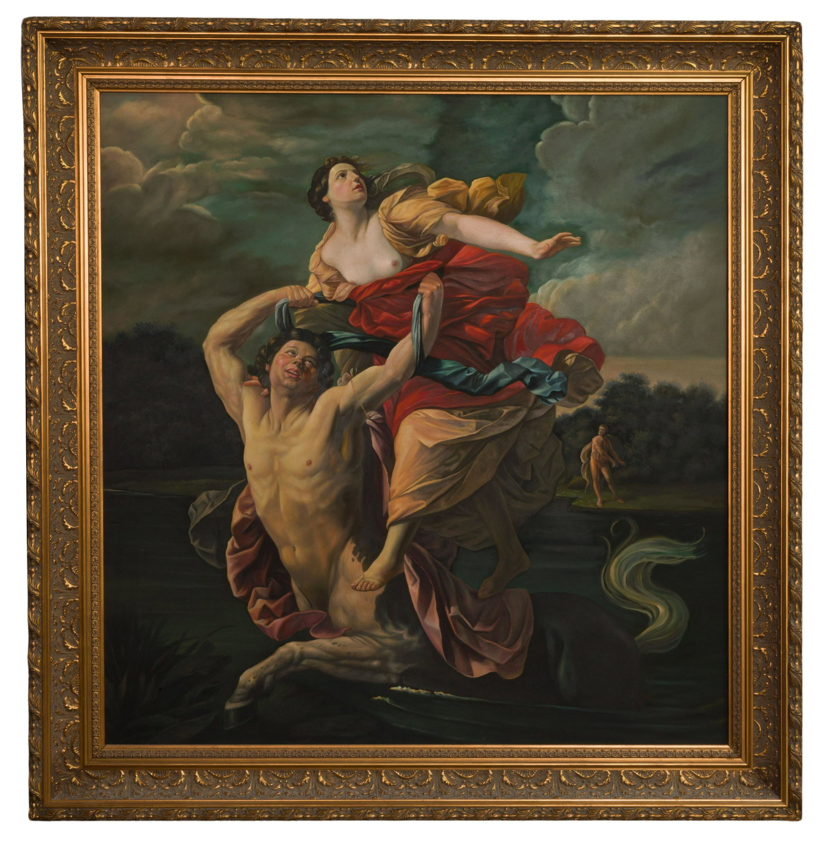 (After) Guido Reni 'Deianeira Abducted by the Centaur Nessus' Oil on Canvas: (After) Guido Reni 'Deianeira Abducted by the Centaur Nessus' Oil on Canvas 20th century copy in a gold tone composition on wood frame Property from: Private Collector, Oakbrook, IL Height: 48 inches,