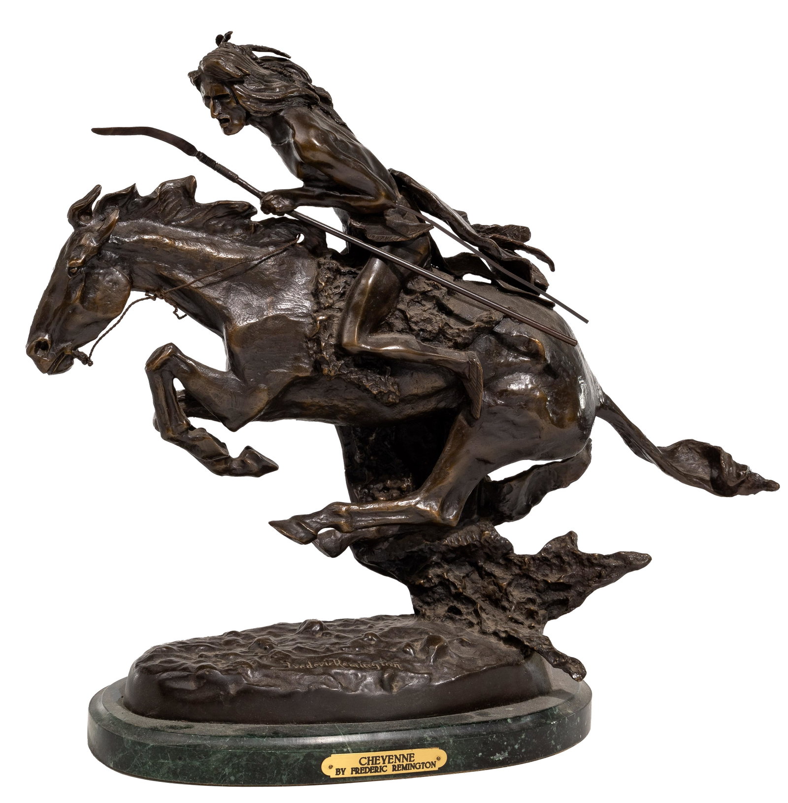 (After) Frederic Remington (American, 1861-1909) 'Cheyenne' Patinated Bronze Sculpture: (After) Frederic Remington (American, 1861-1909) 'Cheyenne' Patinated Bronze Sculpture Having cast signature to top surface of base, on a gray marble plinth having an engraved brass label Property fro