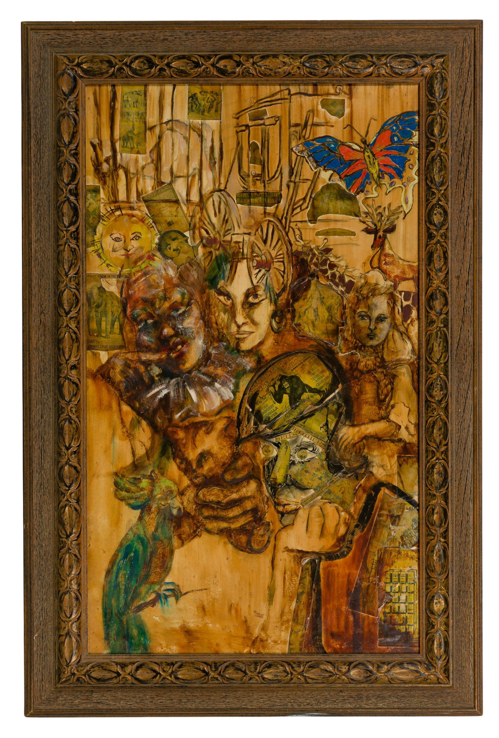 20th Century Oil and Collage on Board: 20th Century Oil and Collage on Board Undated, illegibly signed lower left, montage of images evocative of American circus life, in a wood frame Property from: Glen Ellyn Height: 26 1/2 inches, Width: