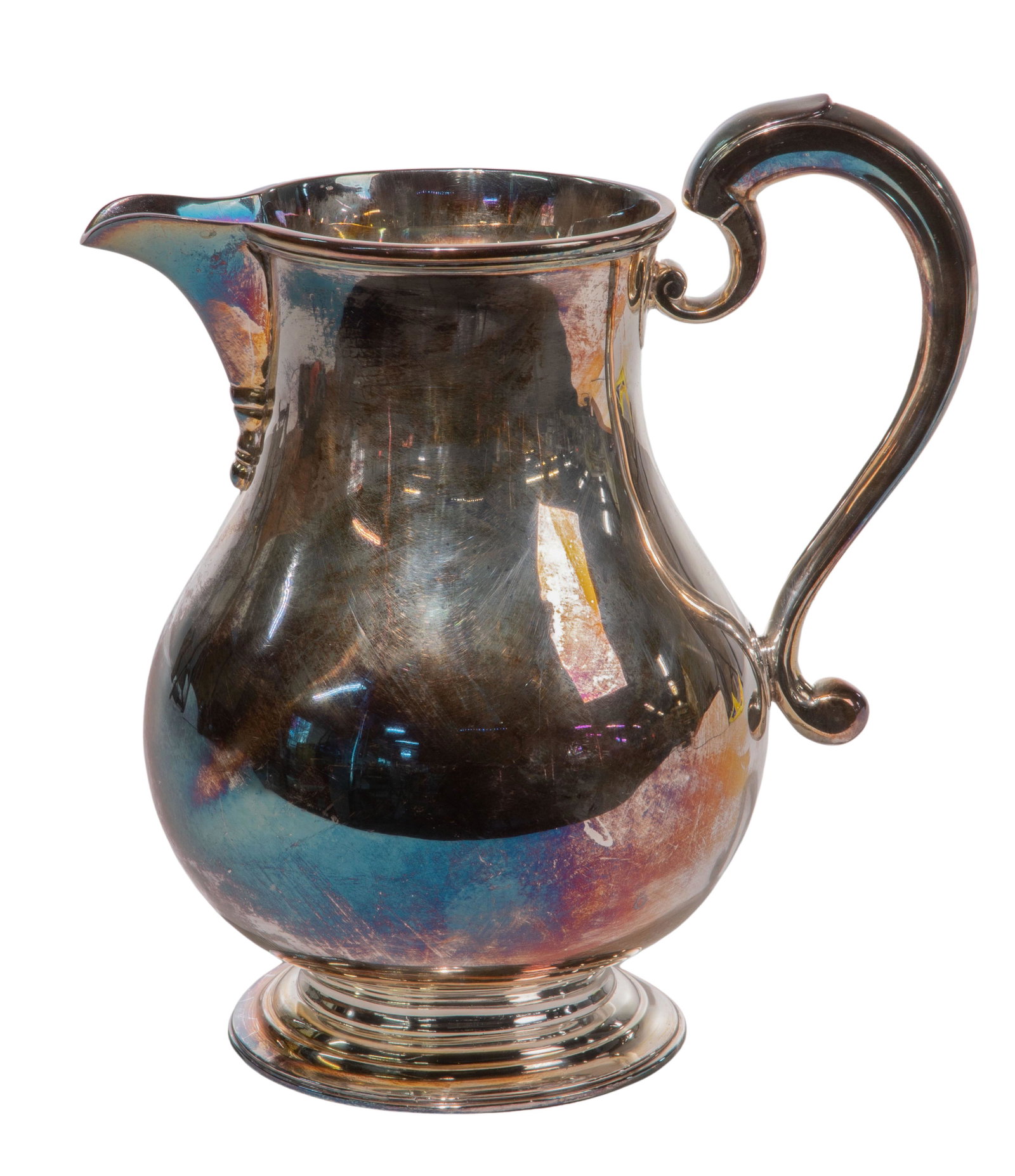 Israel Freeman and Son Sterling Silver Pitcher: Israel Freeman and Son Sterling Silver Pitcher Georgian style ale jug having a spread pedestal foot and scroll handle, marked with lion passant, 'IF & Son LTD' Property from: Private Collector, Niles,