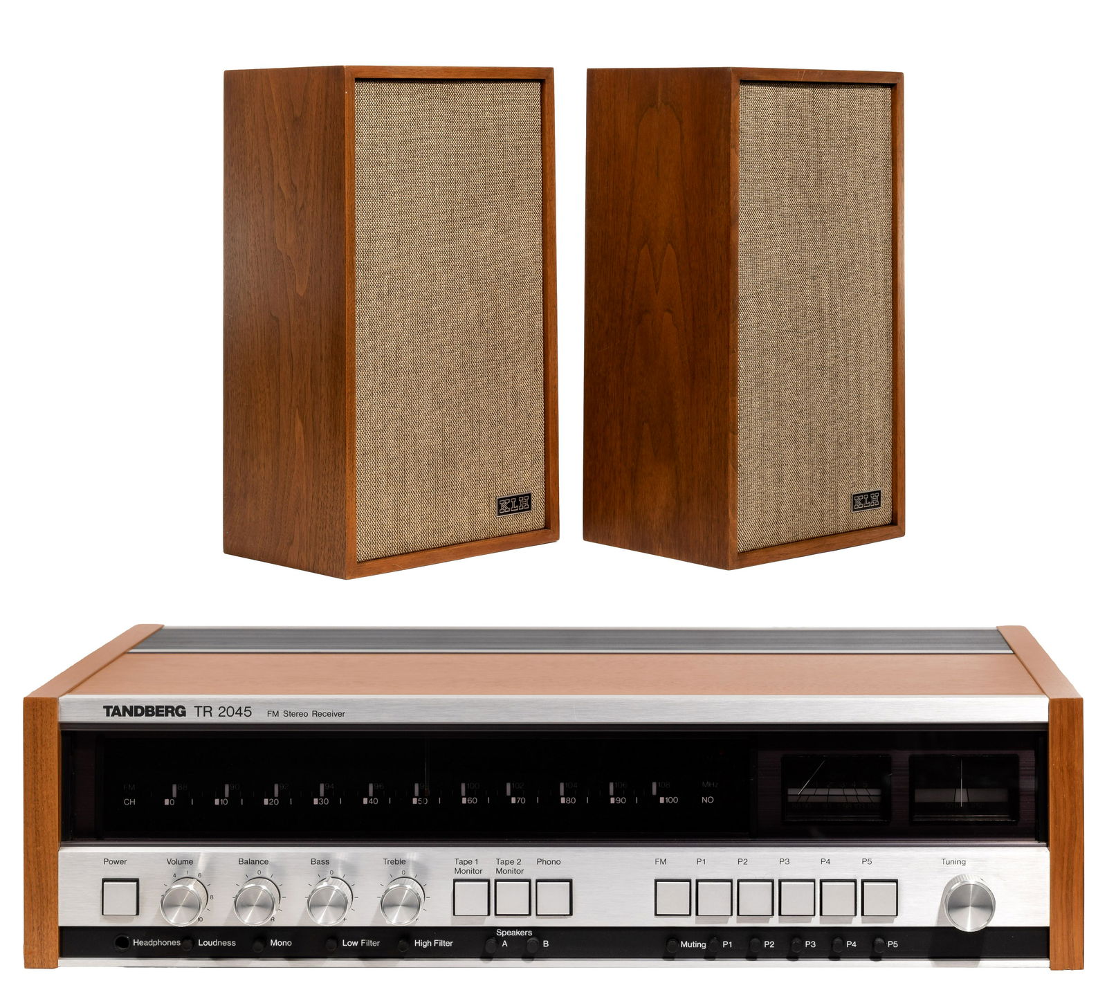 Tandberg Receiver and KLH Speakers: Tandberg Receiver and KLH Speakers (2) items including Tandberg TR 2025 FM Stereo Receiver, serial #TEL408 03529 having 45-watts-per-channel (WPC) capability, white on black illuminated dials, (5) pre