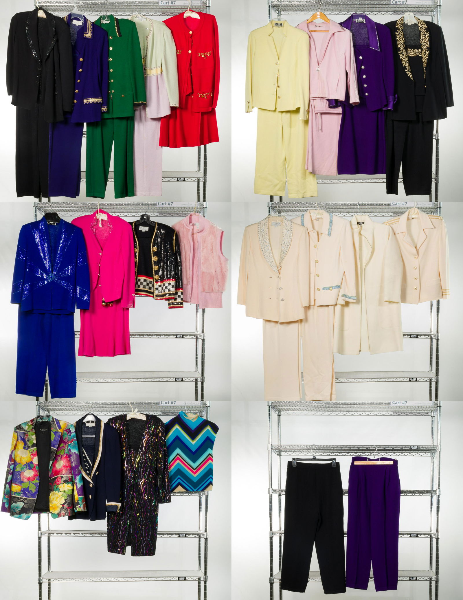 Designer Clothing Assortment: Designer Clothing Assortment (23) items including pant suits, skirts suits, shell, jackets, coat; in various fabrics, some having embellishments, from designers 'St. John', 'Emanual', 'Etro' Property
