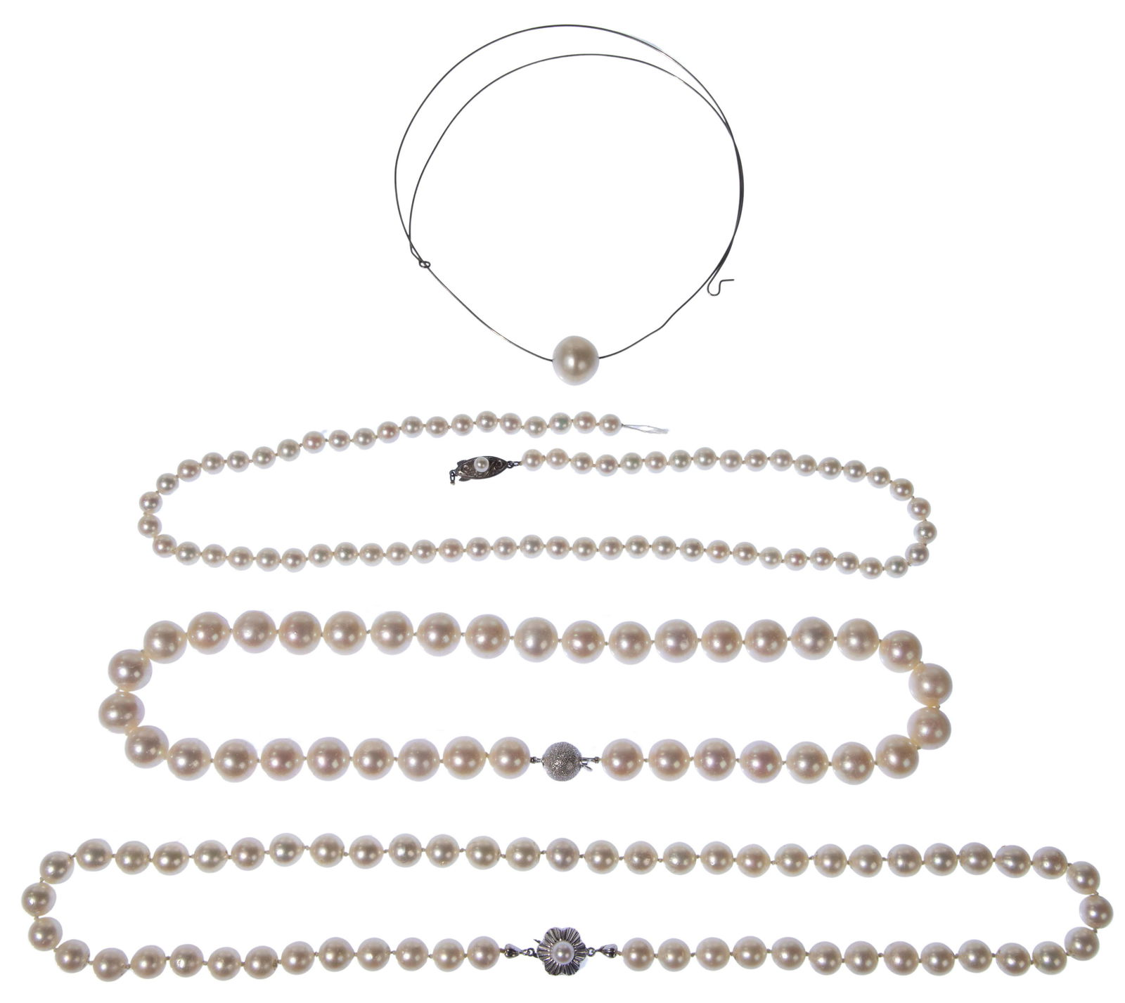 14k White Gold and Pearl Necklaces: 14k White Gold and Pearl Necklaces (2) items including a 10mm single strand choker and an 8mm single strand necklace (both marked '585'); together with a wire strung 13mm single pearl and a partial st